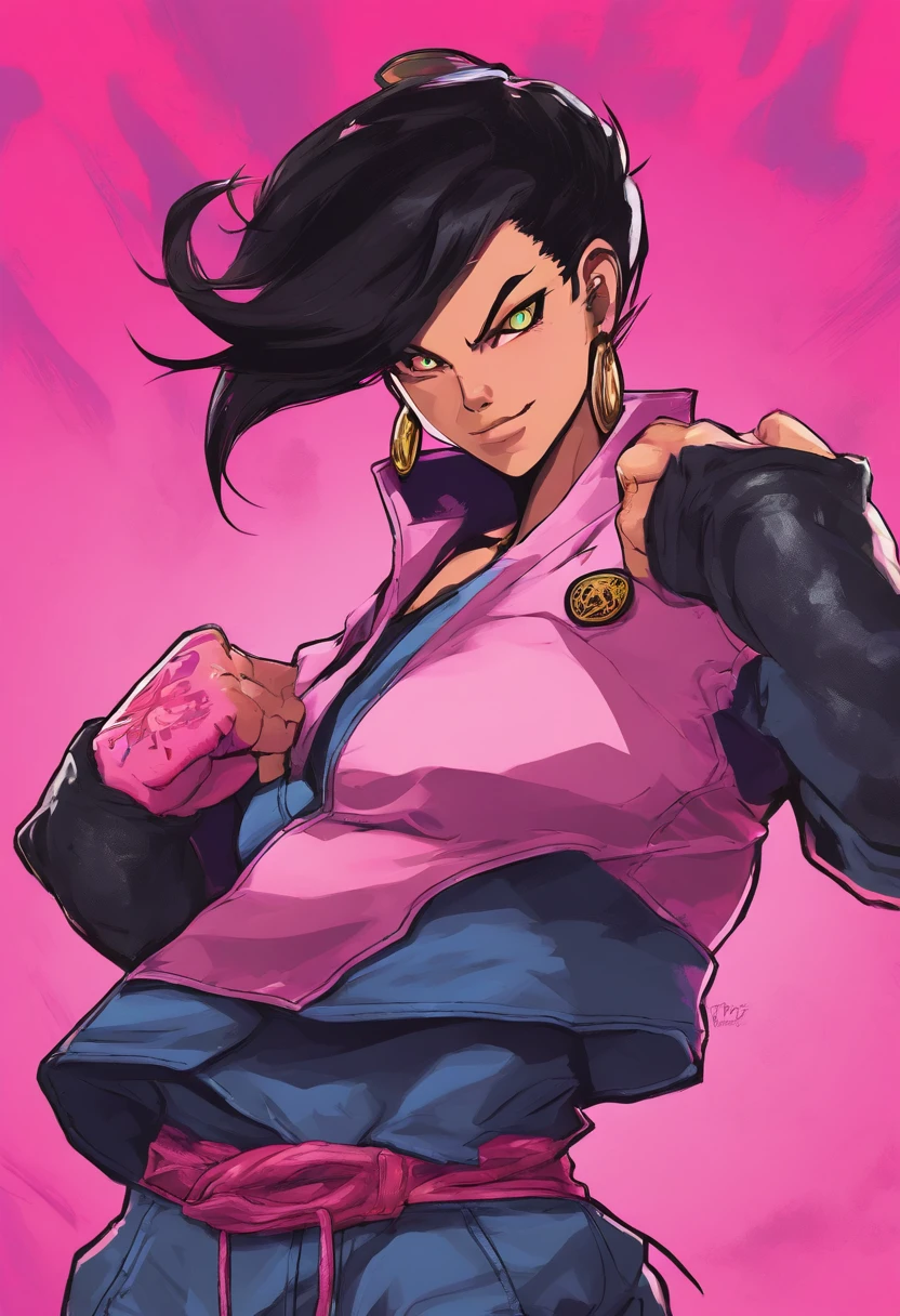 1girl,juri pose,short denim jeans,short black and pink hair,evil smile,looking direct at viewer,blank background