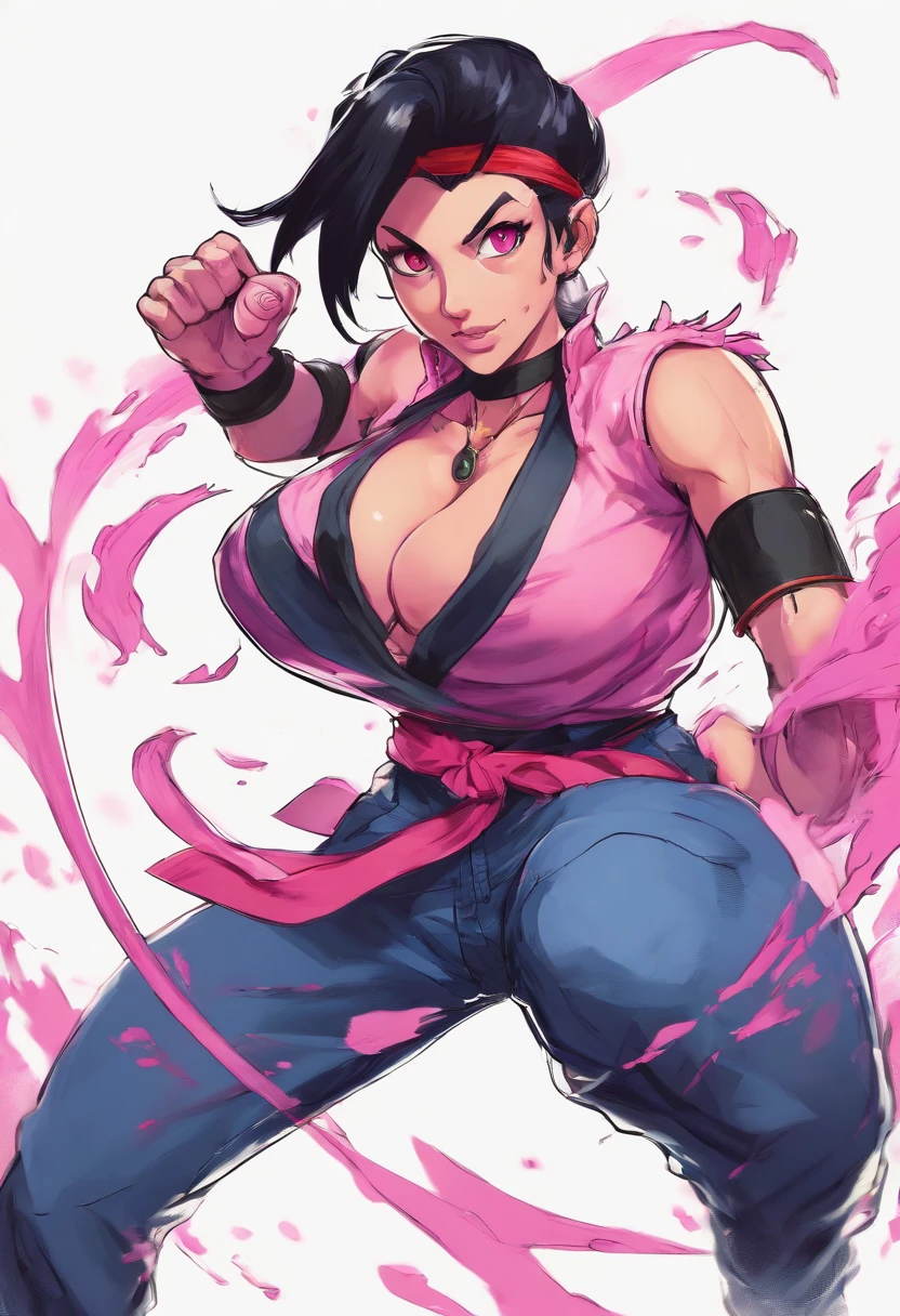 1girl,juri pose,short denim jeans,short black and pink hair,evil smile,looking direct at viewer,blank background