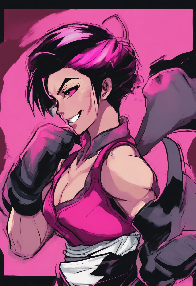 1girl,juri pose,short denim jeans,short black and pink hair,evil smile,looking direct at viewer,blank background