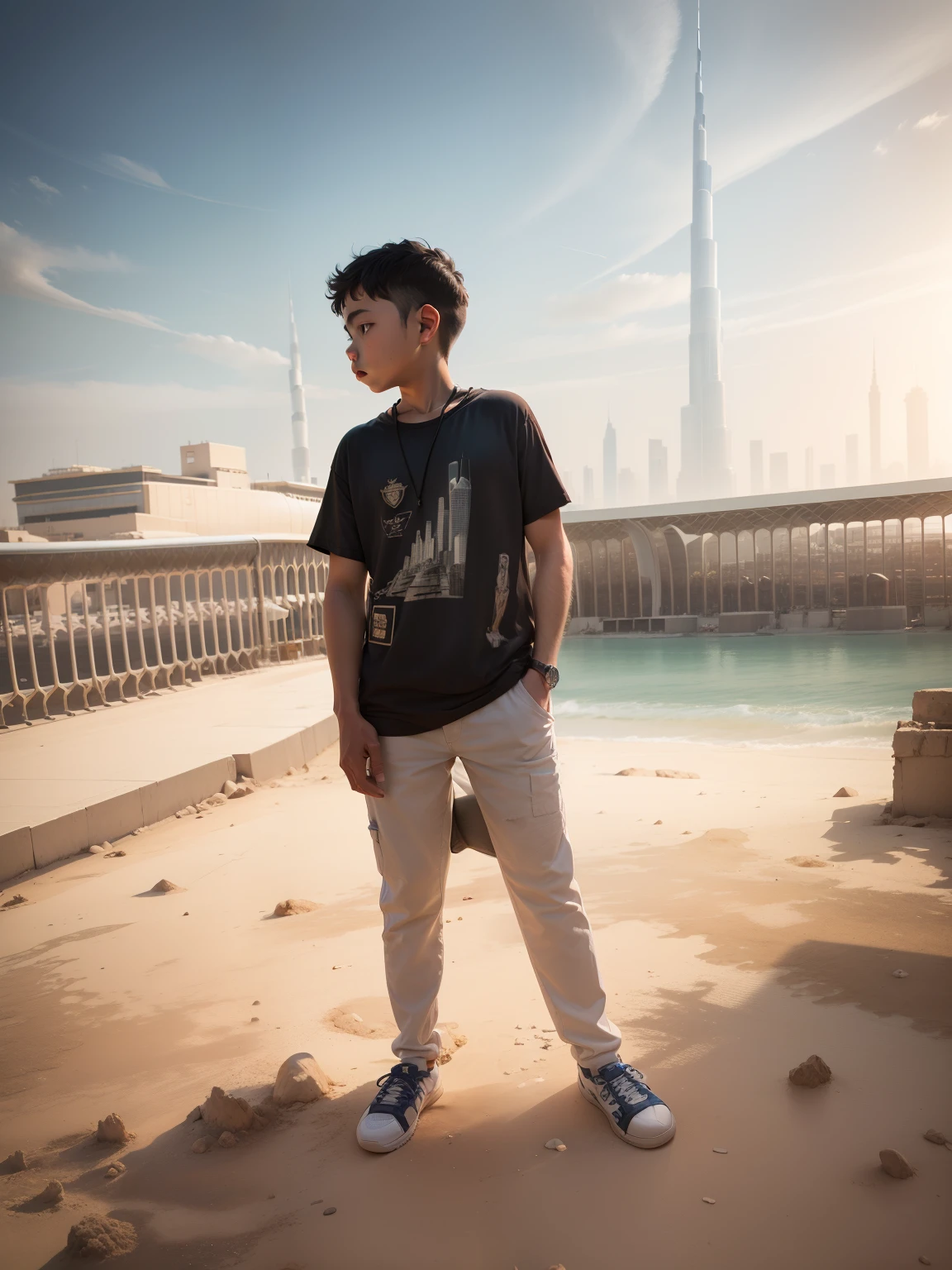 Change background behind the burjh Khalifa.Realstic boy,8kultrarralstic.