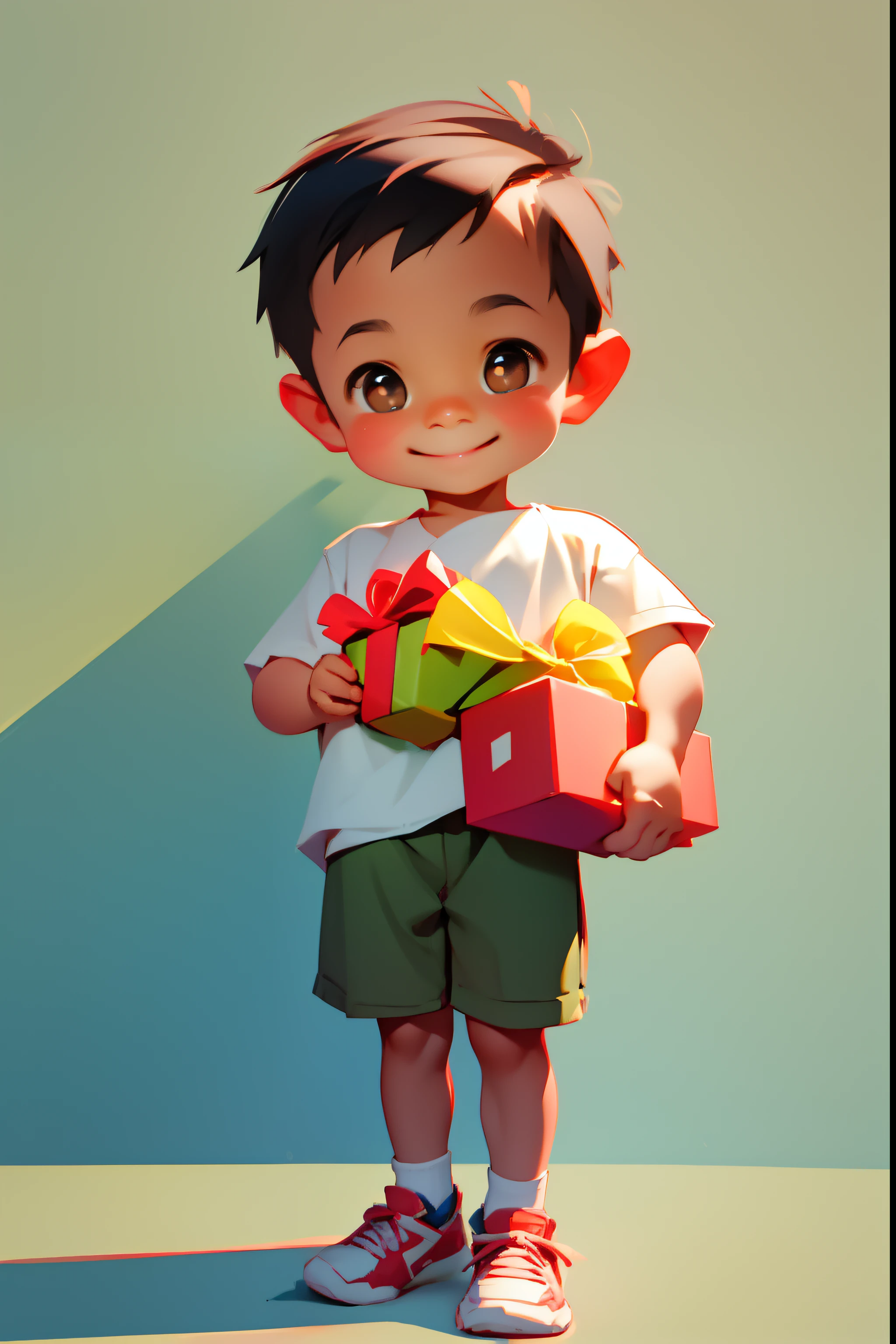 A Asian boy,childrt box in hand,cheerfulness,ssmile