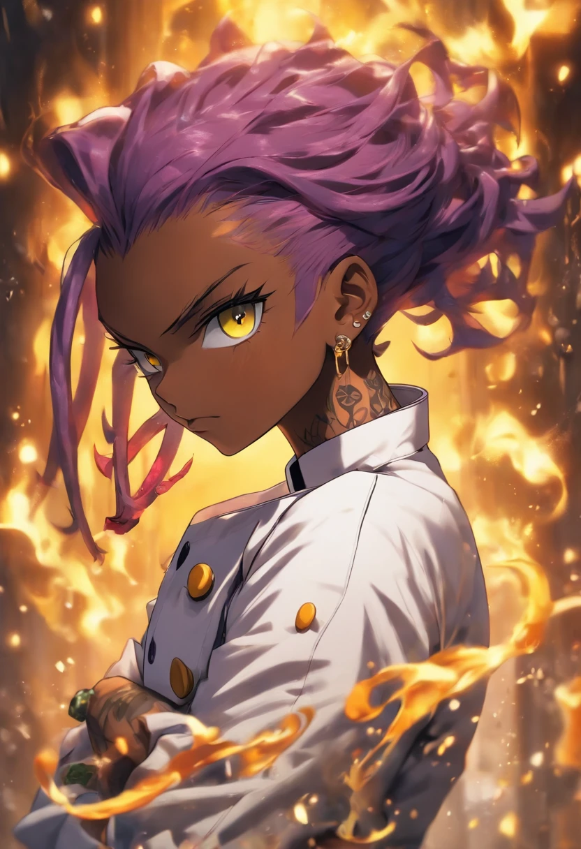 The most beautiful and sexy gourmet chef, purple hair, yellow eyes, dark skin, wearing a stylish chef coat, tattoos and piercings, pristine kitchen, perfect masterpiece, high quality, high resolution