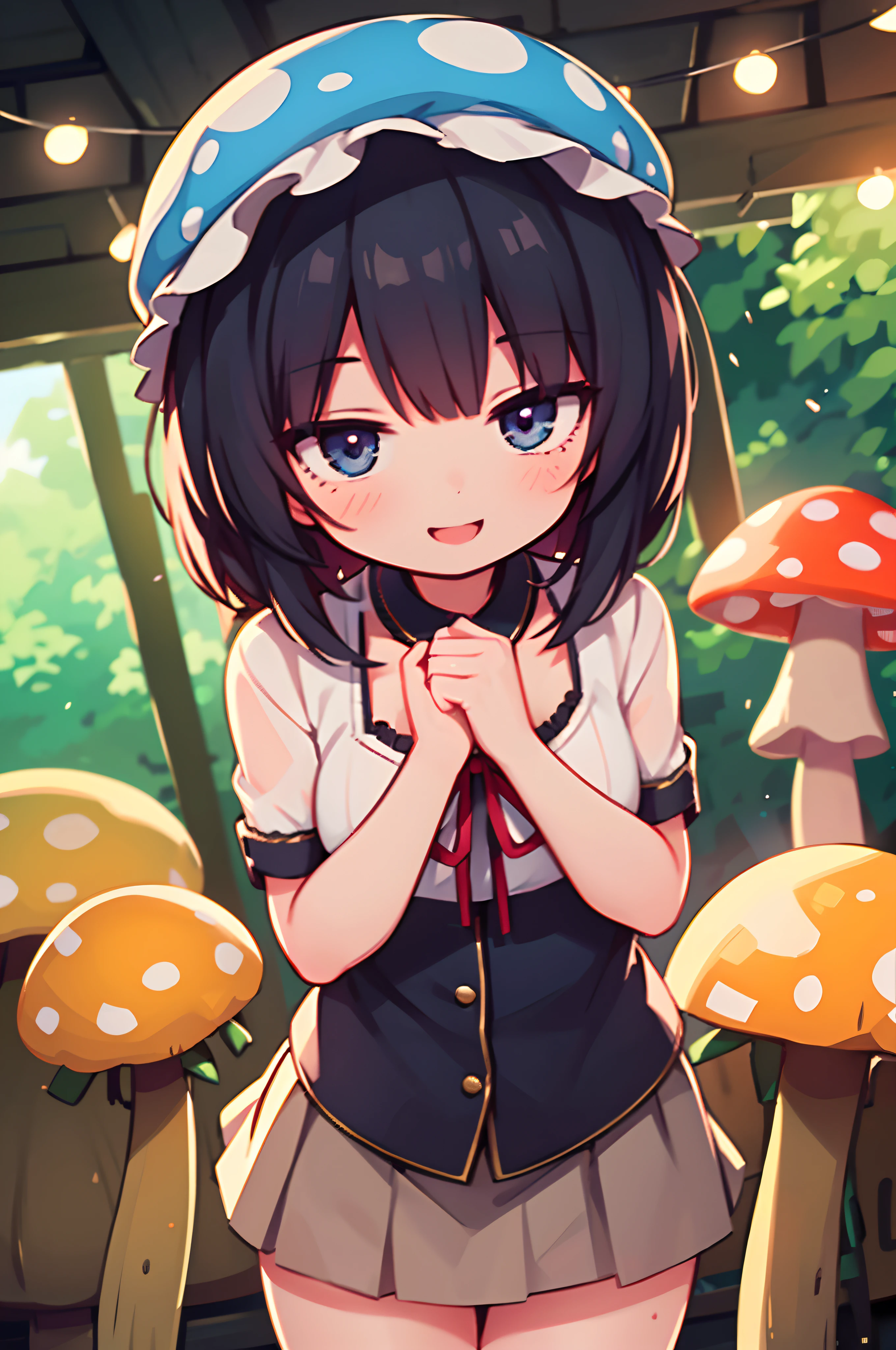 best quality, detailed face, 1girl, middle breast, smile, skirt, good anatomy, looking at viewer, soft focus, cinematic lighting, (mushroom on head 1.3), depth of field