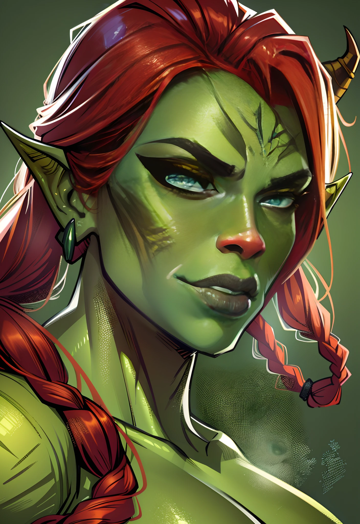 beautiful, (masterpiece:1.2), (best quality:1.2), perfect lighting, sharp focus, A close up face portrait of a gorgeous redhead orc lady
1girl, solo, highly detailed face, high detail eyes, perfect eyes, perfect face, looking up at her, orc, orc girl, olive green colored skin, (tusk:1.4), mature orc girl, abs, toned, Muscular, long red braids, Bored expression.