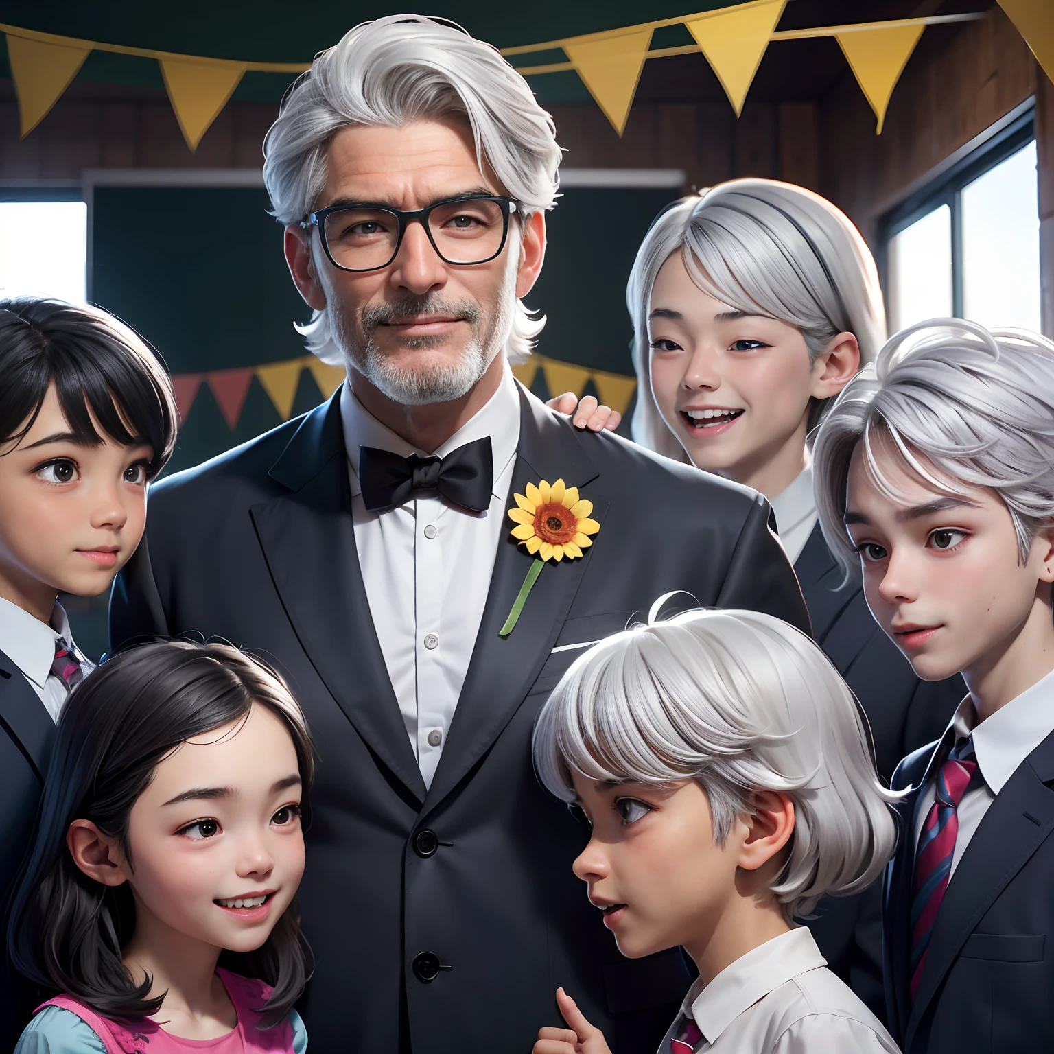 A male teacher, Surrounded by six , The teacher's face is full of the vicissitudes of time,Full of silver hair,Celebrate the festival in a cheerful atmosphere,Ultra photo realsisim,8K,
