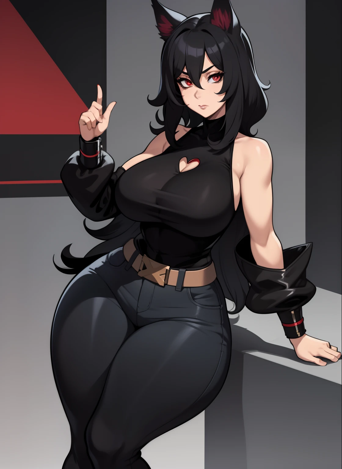 Single woman, anime woman, Hourglass figure, Short, long black hair, dog ears, red eyes, short jeans, thigh high socks, black combat boots, open black jacket, big chest, tank top, solo woman, only one woman