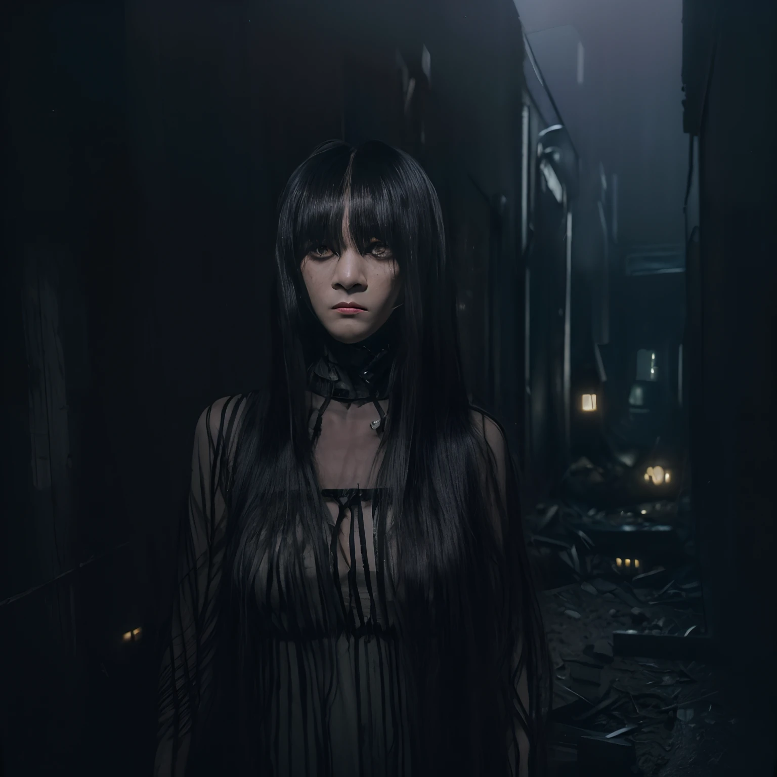 (masterpiece, best quality), (ultra realistic portrait of Japanese female ghost, scary Female Ghost, (black hair, super long hair, ultra long bangs:1.55, whole front face are hidden by long bangs:1.55), (Japan Ghost Story, Amazing beauty, ultra huge breasts, Excellent slim body style, Mind-boggling images, full body shot, (sheer red dress:1.3), canny, horrified, standing in Japanese abandoned houses, (dark atmosphere:1.5, Darkness of the night:1.5),