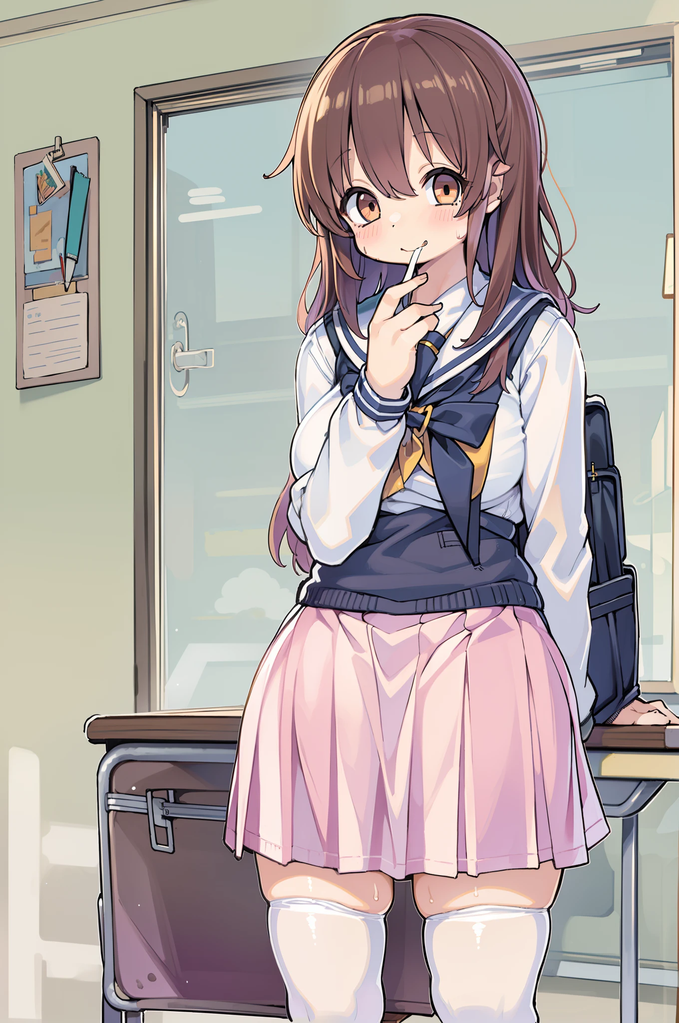 ((masutepiece, Best Quality)),Best aesthetic,1girl in, School uniform, desk work, Sitting, School Desk, Brown hair, crass room, Long hair, Indoors, Chair, Looking at Viewer, :P, Solo Focus, Brown eyes, Skirt, Long sleeves, Pencil, 1 boy, pencil case, paper, black serafuku, Multiple girls, Pleated skirt, Sailor collar, Bangs, head rest, School bag, school chair,huge-breasted、bbw、thick thight、big butts、Ultramammy