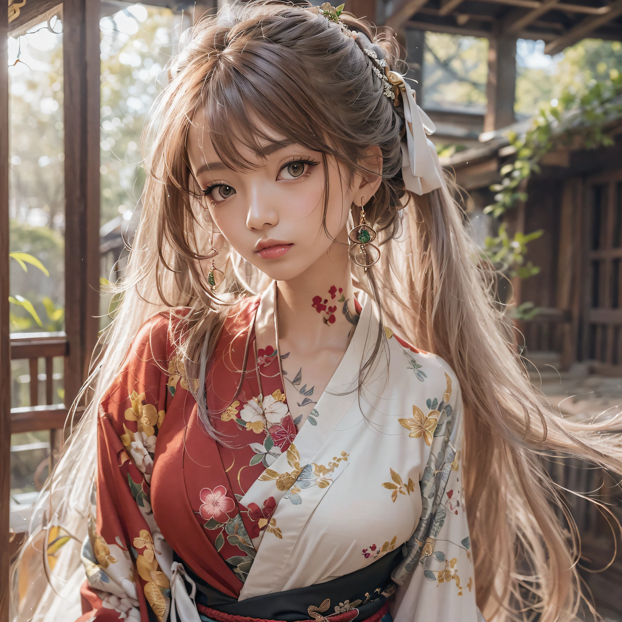 masutepiece, High resolution，Best Quality，High Definition, Perfect composition, Perfect face, Perfect body, Golden ratio, 8K，in the edo era，White Heron Castle in the background，Red kimono，Off-shoulder，Navel，Cinematic lighting，Mystical light，(Full body tattoo)，silber hair，light skinned，Large breasts，put index finger on mouth，From a short distance，Full body，