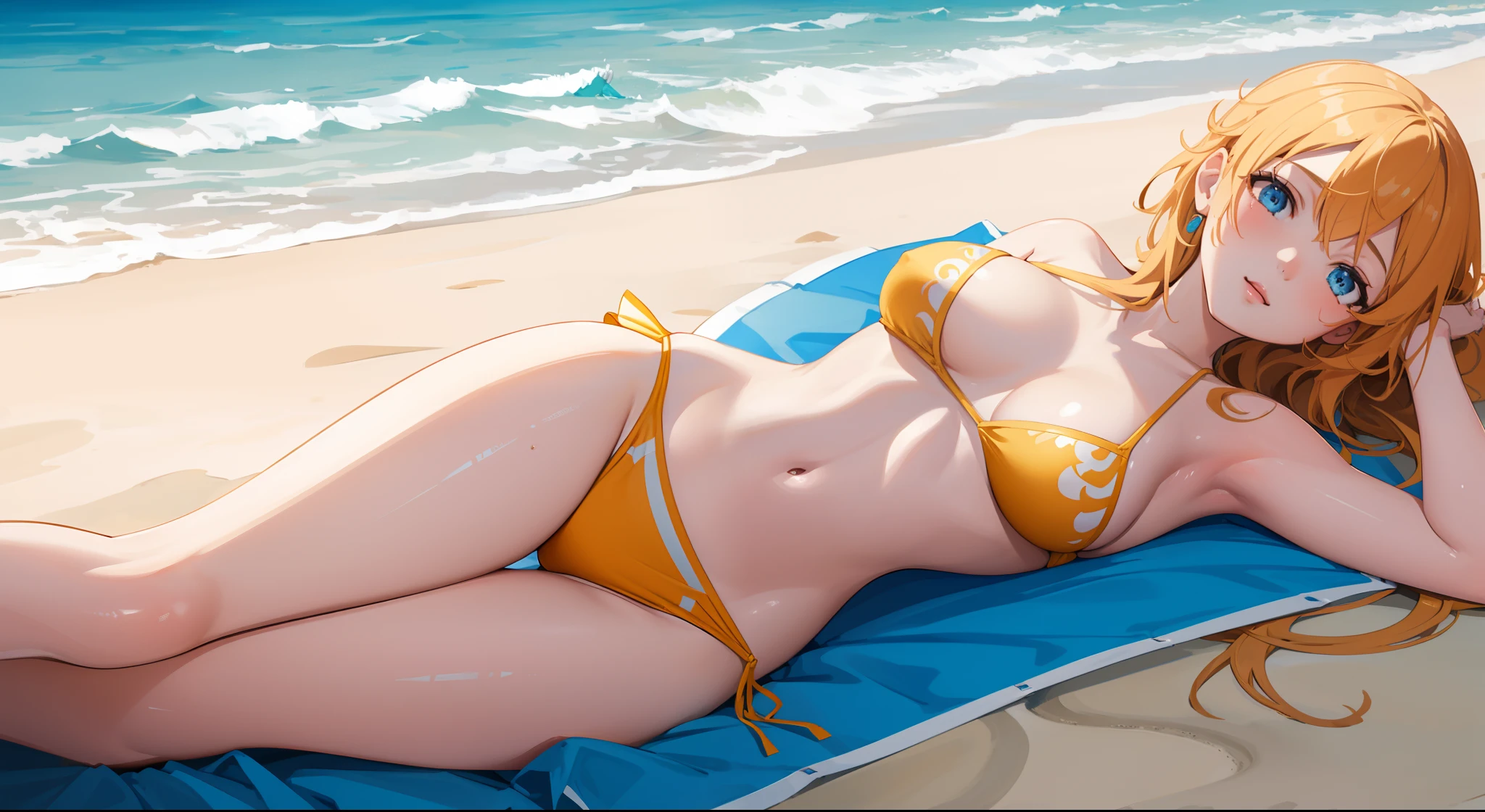 1 girl, masterpiece, Nami, lying down on a beach sexy, highly detail, perfect, beautiful, thin bikini
