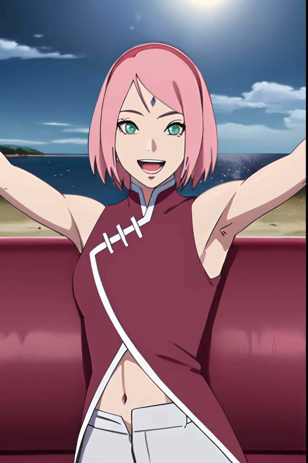 masterpiece, 4k, portrait, cowboy shot, (night), professional artwork, intricate details, colorful, digital blending, (ultra detailed body, ultra detail hair, ultra detail face), trending on pixiv, kind smile, best quality, anime style: 1.9, 1girl, hires, haruno sakura, (forehead mark, milf, red hairband, pale skin, (small breasts), short hair, ((red sleeveless dress,), white pants), ((navel, belly button), slender body, slender belly, bracelet, pink hair, open mouth, big eyes), smile, beach, wind, floating hair, detailed arms, off-shoulders, broad shoulders, ((both armpits , (both) hands spreading to both sides, (symmetrical arms))), fancy couch, relaxing, laying, talking, looking at the viewer, ((showing both armpits, awesome armpits)))