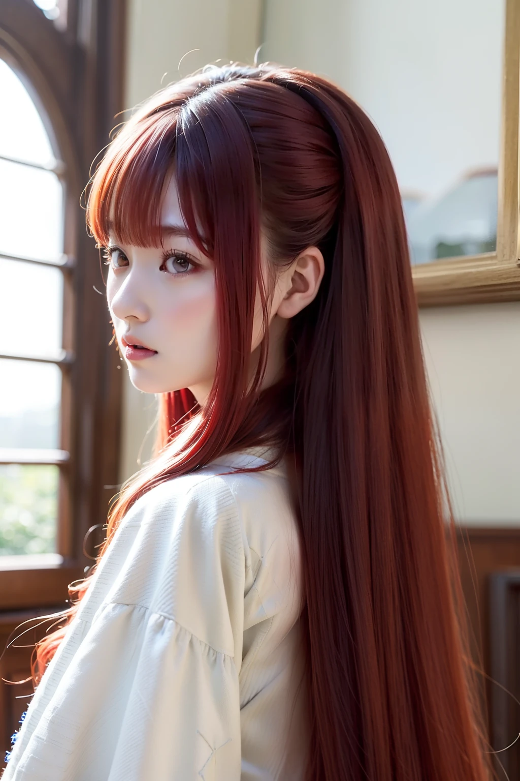 from the front side、Red hair、Long hair、side poneyTail、bustshot、Hair tied at the side、Princess、robe blanche、floral embroidery、angry looking face、Looking from the front、