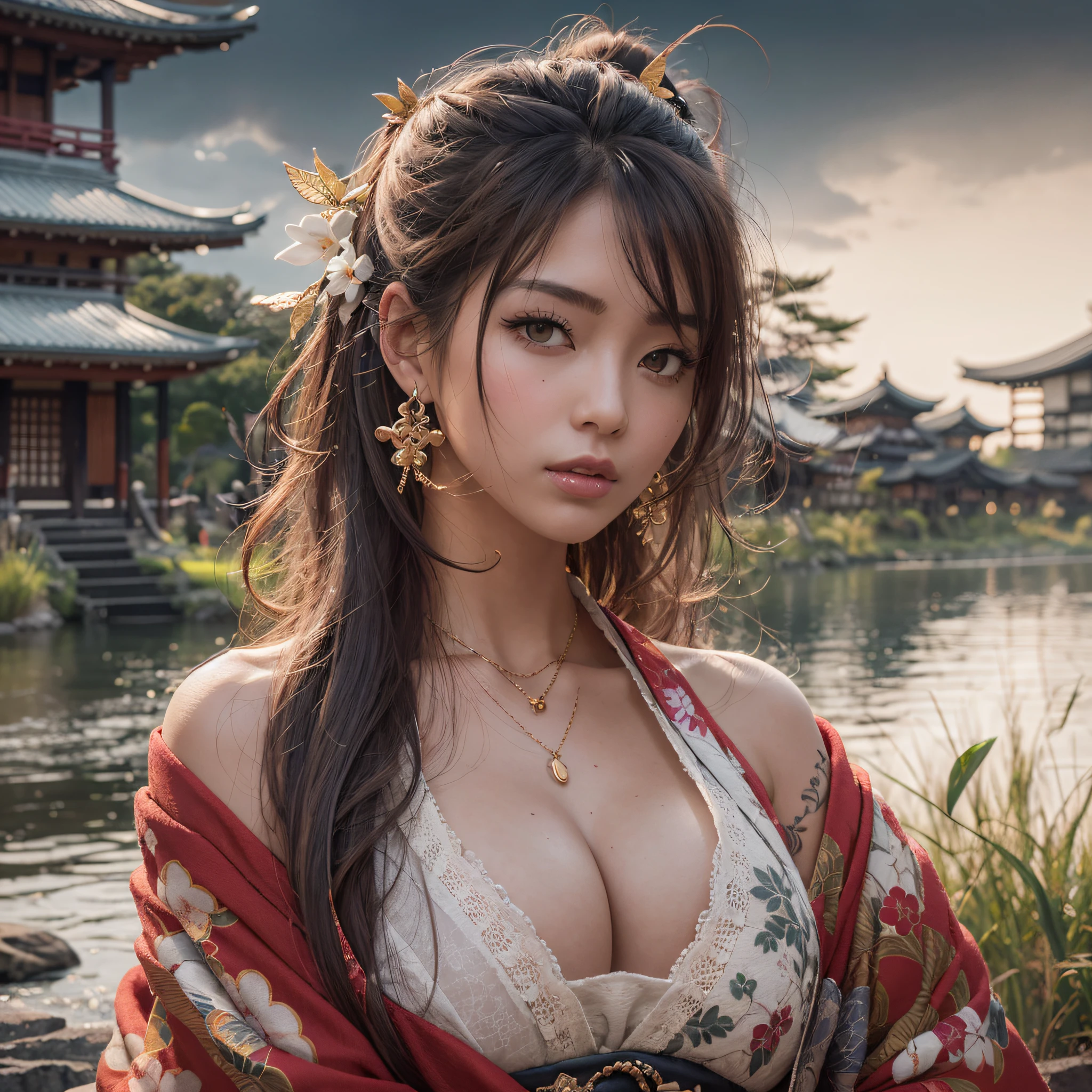 masutepiece, High resolution，Best Quality，High Definition, Perfect composition, Perfect face, Perfect body, Golden ratio, 8K，in the edo era，White Heron Castle in the background，Red kimono，Off-shoulder，Navel，zettai_ryouiki，Cinematic lighting，Mystical light，(Full body tattoo)，silber hair，light skinned，Large breasts，put index finger on mouth，From a short distance，Full body，