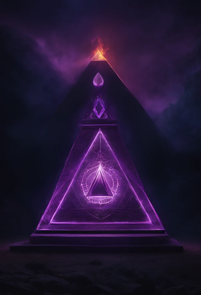 Mago oculto das trevas. On both hands flames in purple color, capuz cobrindo a face, triangular symbol similar to the pyramid in larger size on the back