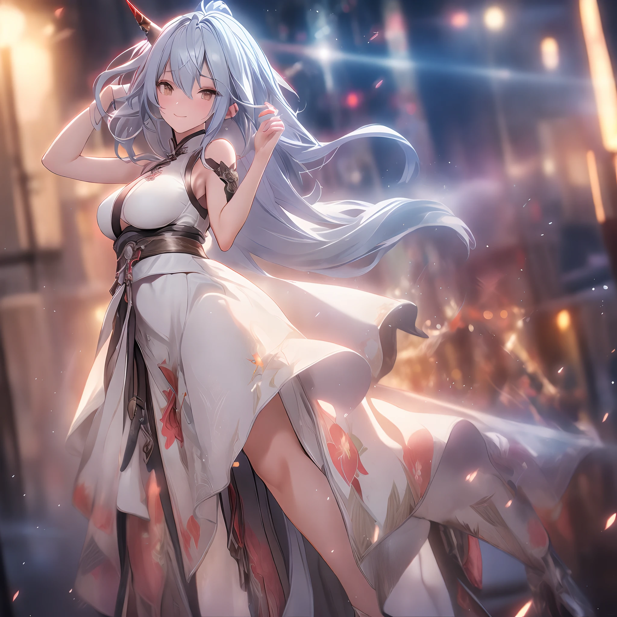 an alone girl with long red color slice gray hair , standing, china city , night time, High detail mature face, 2 short mechanic horn , mouth mask, bare leg, bare shoulder, white china dress, white glove, black boot, high res, ultra sharp, 8k, masterpiece, smiling, heavy weapon, fantasy world, magical radiance background ((Best quality)), ((masterpiece)), 3D, HDR (High Dynamic Range),Ray Tracing, NVIDIA RTX, Super-Resolution, Unreal 5,Subsurface scattering, PBR Texturing, Post-processing, Anisotropic Filtering, Depth-of-field, Maximum clarity and sharpness, Multi-layered textures, Albedo and Specular maps, Surface shading, Accurate simulation of light-material interaction, Perfect proportions, Octane Render, Two-tone lighting, Wide aperture, Low ISO, White balance, Rule of thirds,8K RAW, Aura, masterpiece, best quality, Mysterious expression, magical effects like sparkles or energy, flowing robes or enchanting attire, mechanic creatures or mystical background, rim lighting, side lighting, cinematic light, ultra high res, 8k uhd, film grain, best shadow, delicate, RAW, light particles, detailed skin texture, detailed cloth texture, beautiful face, (masterpiece), best quality, expressive eyes, perfect face,