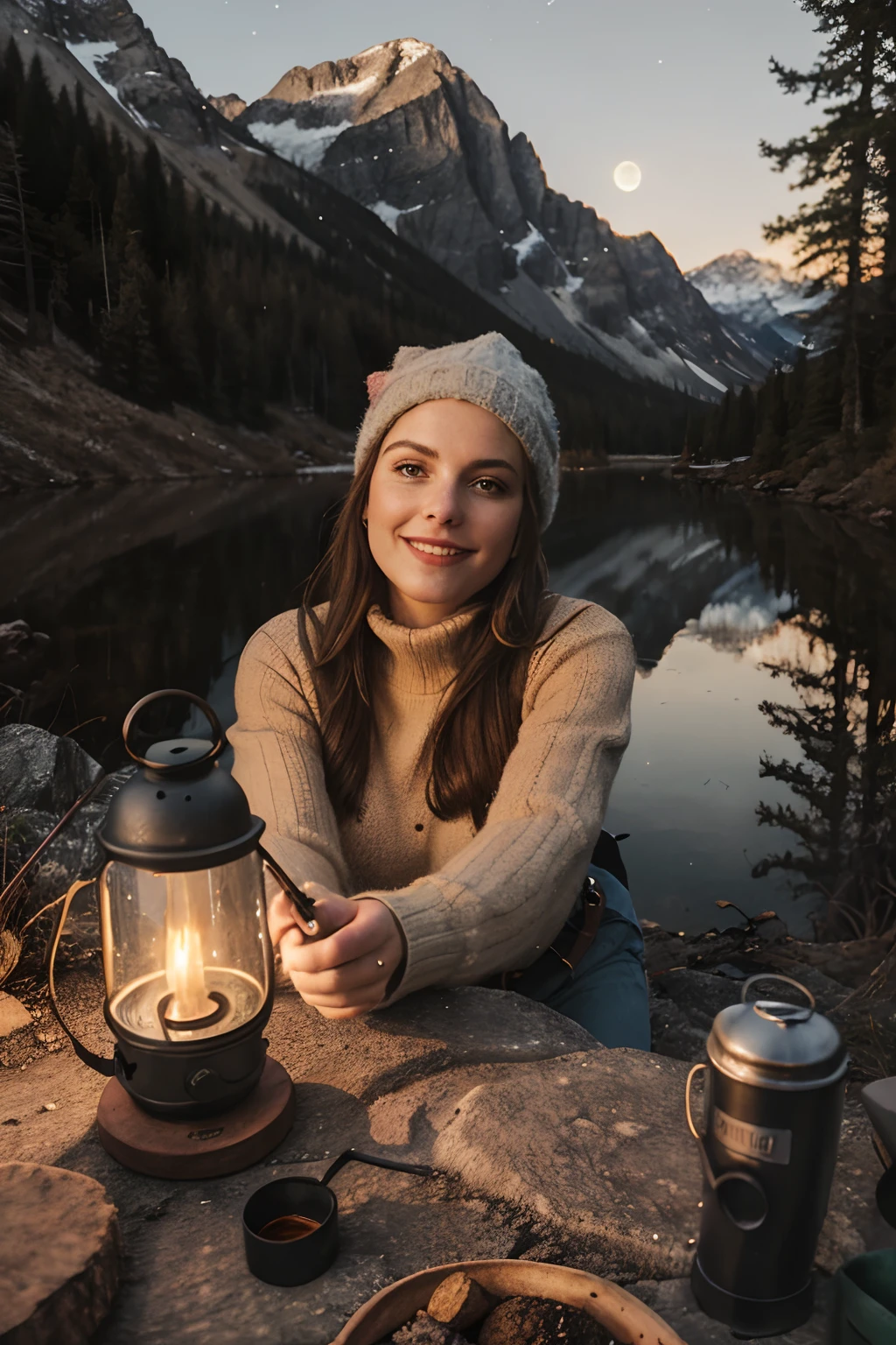 1 woman ((upper body selfie, happy)), masterpiece, best quality, ultra-detailed, ground, outdoor, (night), mountains, nature, (stars, moon) cheerful, happy, backpack, bag sleeping, camping stove, water bottle, mountain boots, gloves, sweater, hat, lantern, forest, stones, river, wood, smoke, shadows, contrast, clear sky, style, (warm hue, warm tone)