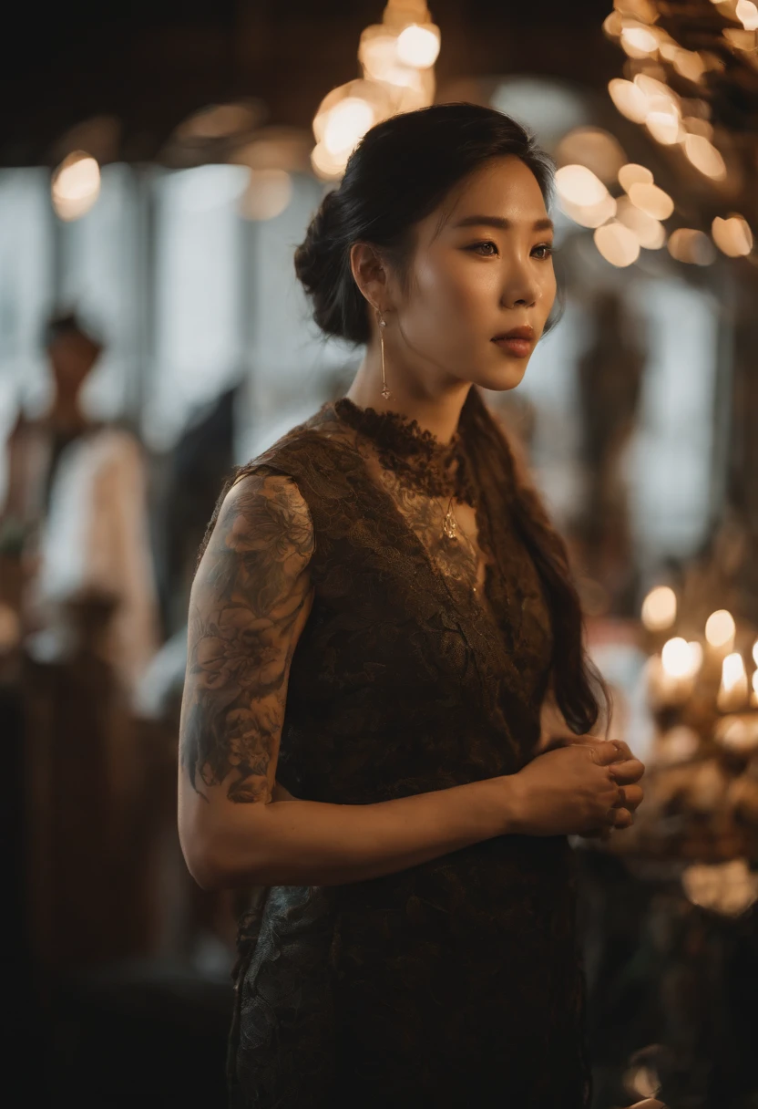 A beautiful Korean girl,Put on light makeup,Tattooed with,s the perfect face,CG,Cinematic lighting,incredibly detailed