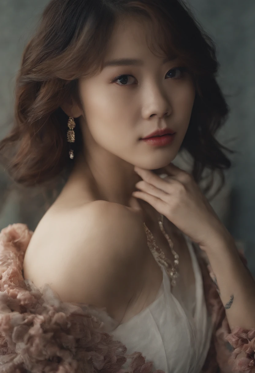 A beautiful Korean girl，Put on light makeup，Tattooed with，s the perfect face，CG，Cinematic lighting，incredibly detailed