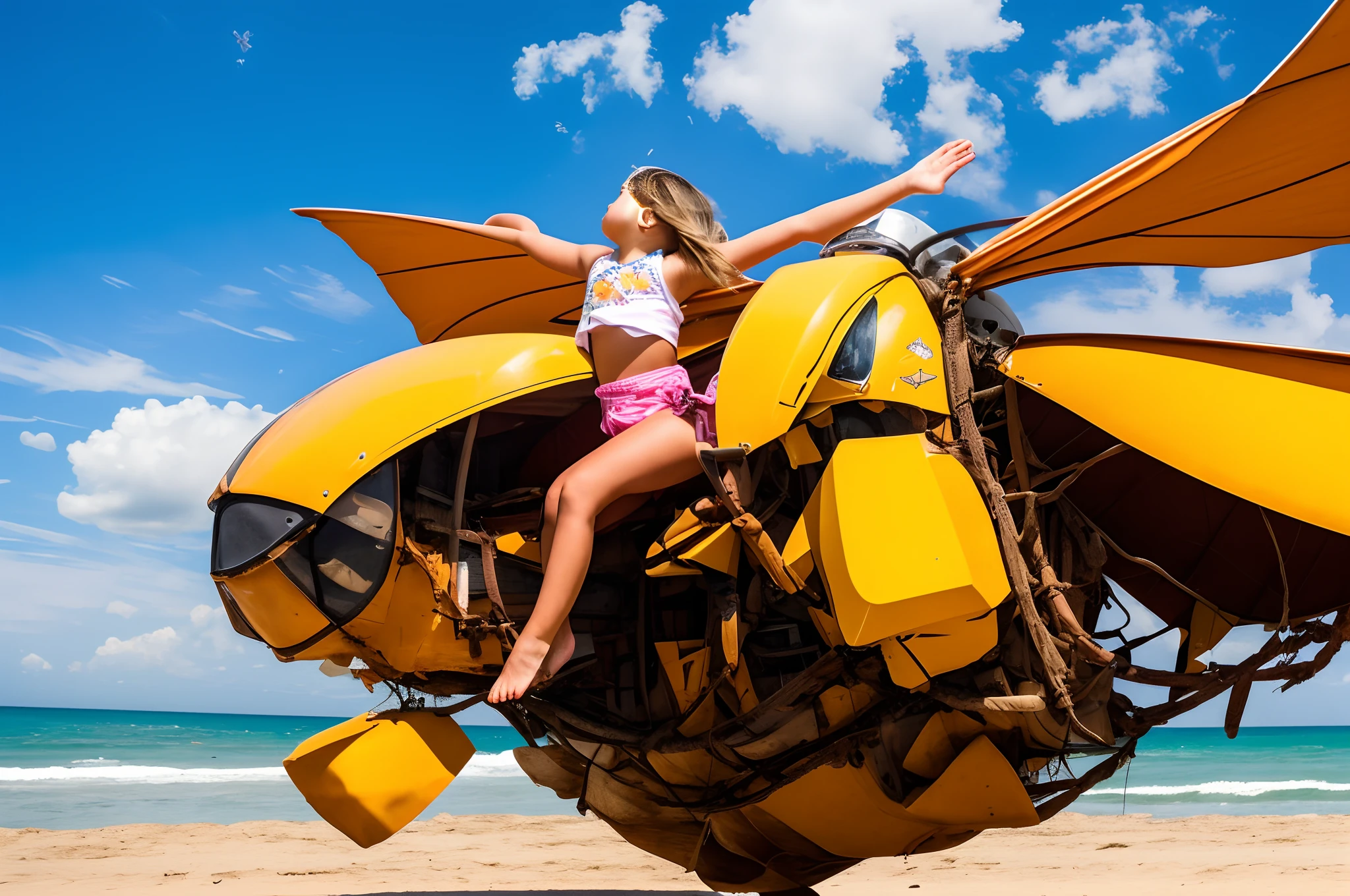 A beautiful young girl is flying over the beach on the back of a giant hornet.