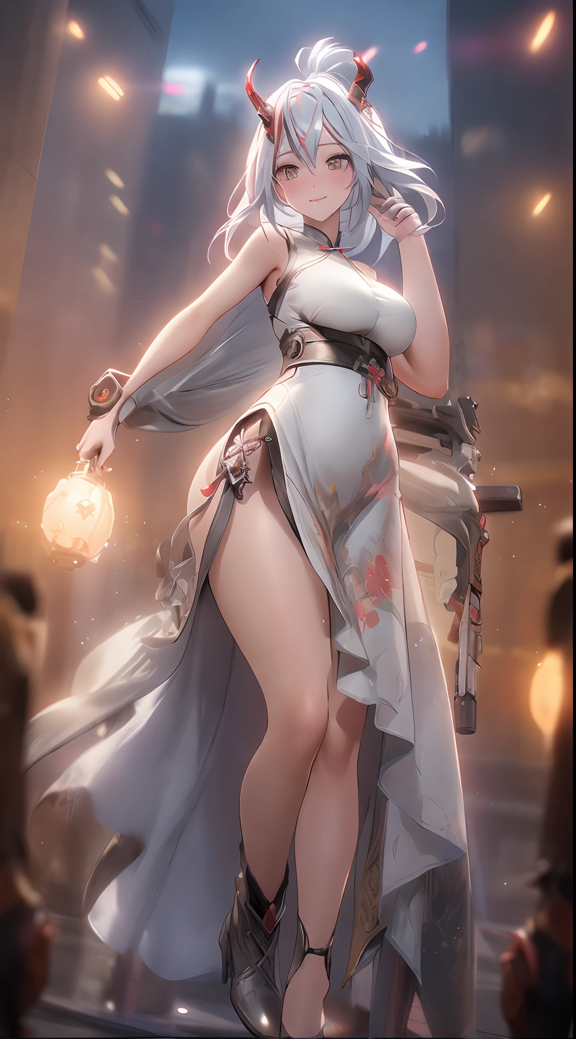 an alone girl with long red color slice gray hair , standing, china city , night time, High detail mature face, 2 short mechanic horn , mouth mask, bare leg, bare shoulder, white china dress, white glove, black boot, high res, ultra sharp, 8k, masterpiece, smiling, heavy weapon, fantasy world, magical radiance background ((Best quality)), ((masterpiece)), 3D, HDR (High Dynamic Range),Ray Tracing, NVIDIA RTX, Super-Resolution, Unreal 5,Subsurface scattering, PBR Texturing, Post-processing, Anisotropic Filtering, Depth-of-field, Maximum clarity and sharpness, Multi-layered textures, Albedo and Specular maps, Surface shading, Accurate simulation of light-material interaction, Perfect proportions, Octane Render, Two-tone lighting, Wide aperture, Low ISO, White balance, Rule of thirds,8K RAW, Aura, masterpiece, best quality, Mysterious expression, magical effects like sparkles or energy, flowing robes or enchanting attire, mechanic creatures or mystical background, rim lighting, side lighting, cinematic light, ultra high res, 8k uhd, film grain, best shadow, delicate, RAW, light particles, detailed skin texture, detailed cloth texture, beautiful face, (masterpiece), best quality, expressive eyes, perfect face,