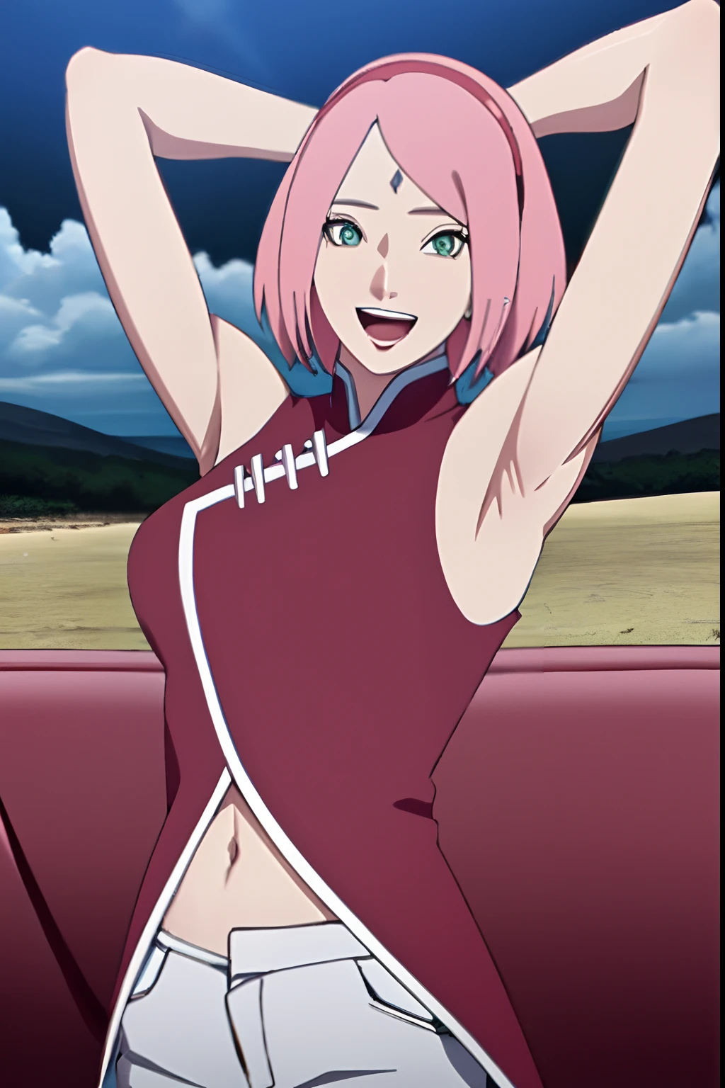 masterpiece, 4k, portrait, cowboy shot, (night), professional artwork, intricate details, colorful, digital blending, (ultra detailed body, ultra detail hair, ultra detail face), trending on pixiv, kind smile, best quality, anime style: 1.9, 1girl, hires, haruno sakura, (forehead mark, milf, red hairband, pale skin, (small breasts), short hair, ((red sleeveless dress,), white pants), ((navel, belly button), slender body, slender belly, bracelet, pink hair, open mouth, big eyes), smile, beach, wind, floating hair, detailed arms, off-shoulders, broad shoulders, ((both armpits , (both) hands spreading to both sides, (symmetrical arms))), fancy couch, relaxing, laying, talking, looking at the viewer, ((showing both armpits, awesome armpits)))