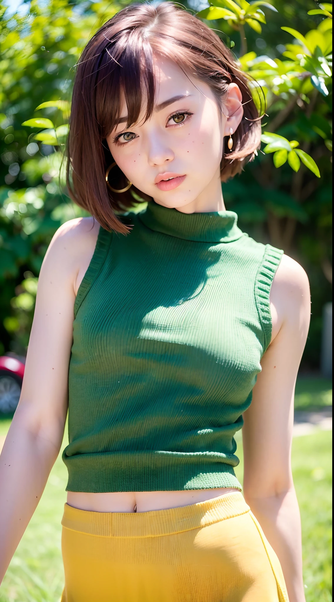 (8k, RAW photo, best quality, masterpiece:1.3), (realistic, photo-realistic:1.3), 1girl, (cute:1.3), (small breasts:1.3), (sunlight), (sunshine), shade, (looking at the viewer:1.3), short hair, (earring), closed mouth, ulzzang-6500-v1.1:0.5 green Wool skirt