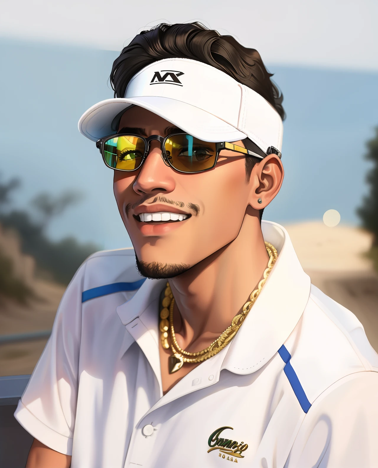 Man in white hat and sunglasses with tennis racket, taken in the early 2020s, Foto do perfil, aceso de lado, wearing sunglasses and a cap, album photo, Sem estilo Tyler Mitchell, arte mista, videoclipe, Coelho ruim, wearing oakley sunglasses, Pete Davidson, Foto do perfil, foto em estilo de Tyler Mitchell
