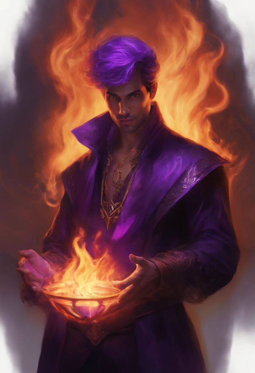 Mago Homem, holding purple flames in his hands, capuz cobrindo a face