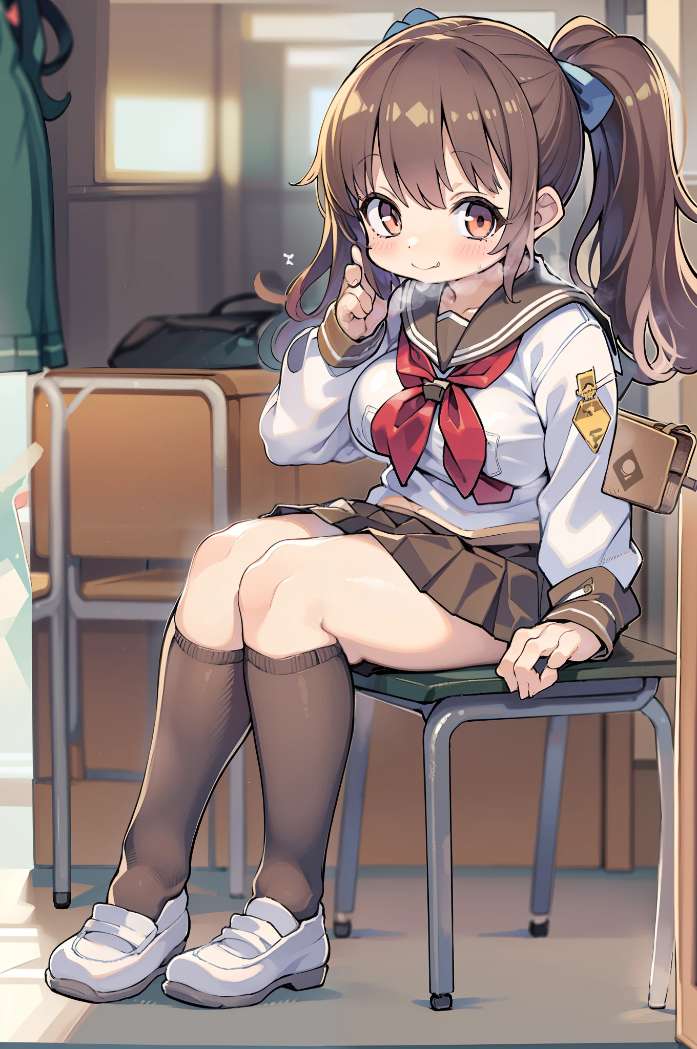 Highest quality, High resolution, masterpiece, (Beautiful Eyes), (Fine grain), Detailed face, kumiko oumae, Brown eyes, Brown Hair, short hair, Wavy Hair, smile, blush, skirt, shirt, Long sleeve, pleated skirt, neckerchief, brown skirt, White sailor collar, brown shirt, Kitauji High , red neckerchief, indoor, classroom, Chair, machine, View your viewers, Cowboy Shot, (Hands on hips:1.5), (skirtなし:1.5), (Striped pattern_panties:1.5), (Wide pelvis:1.5), (Big Ass), (one panty:1.5), (Push your panties down a little:1.5), (Crotch up from below:1.5), (Plump thighs), (Align your legs), (pubic hair), (vagina:1.5), nsfw