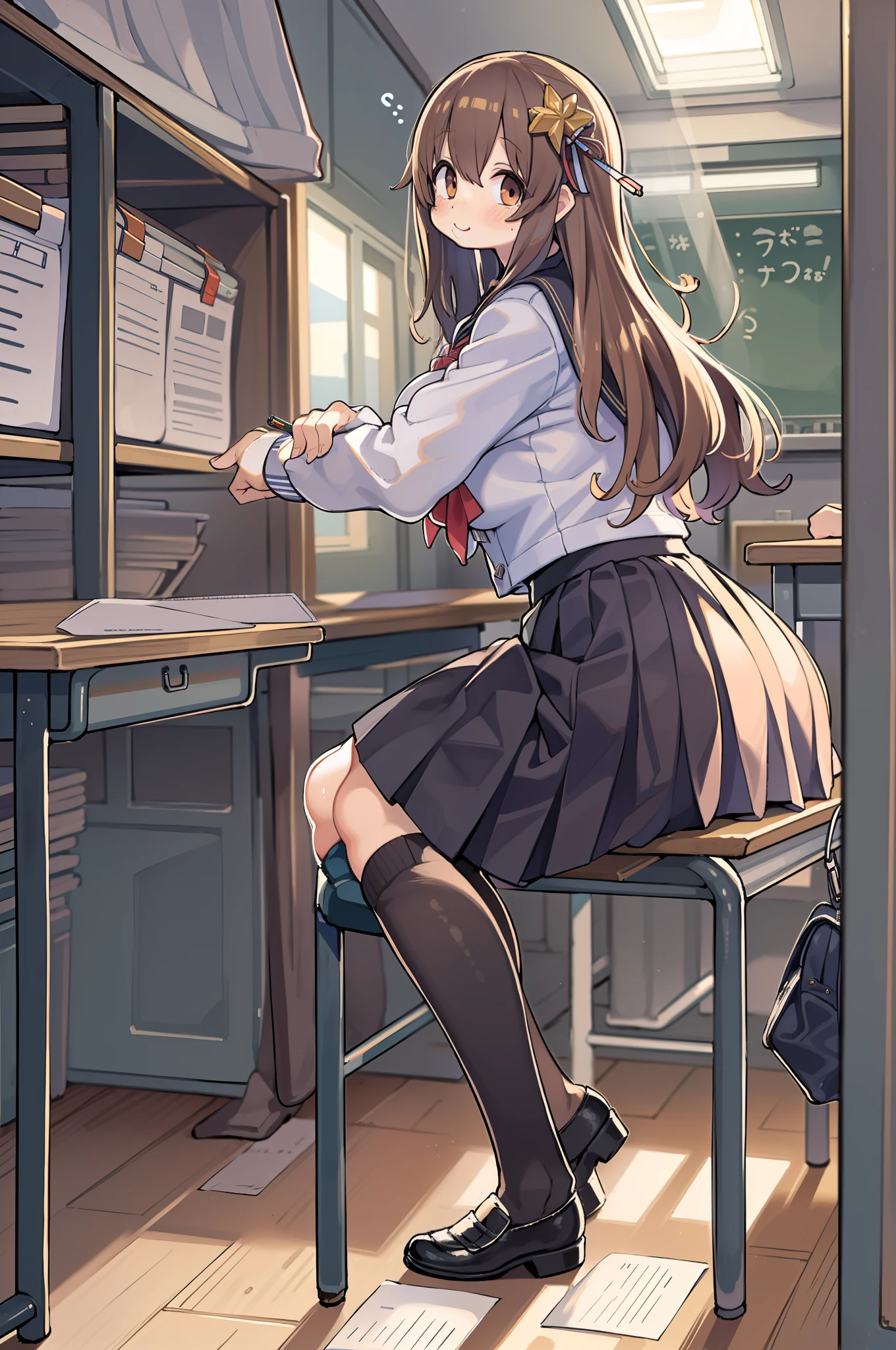 ((masutepiece, Best Quality)),Best aesthetic,1girl in, School uniform, desk work, Sitting, School Desk, Brown hair, crass room, Long hair, Indoors, Chair, Looking at Viewer, :P, Solo Focus, Brown eyes, Skirt, Long sleeves, Pencil, 1 boy, pencil case, paper, black serafuku, Multiple girls, Pleated skirt, Sailor collar, Bangs, head rest, School bag, school chair,huge-breasted、bbw、thick thight、big butts、Ultramammy