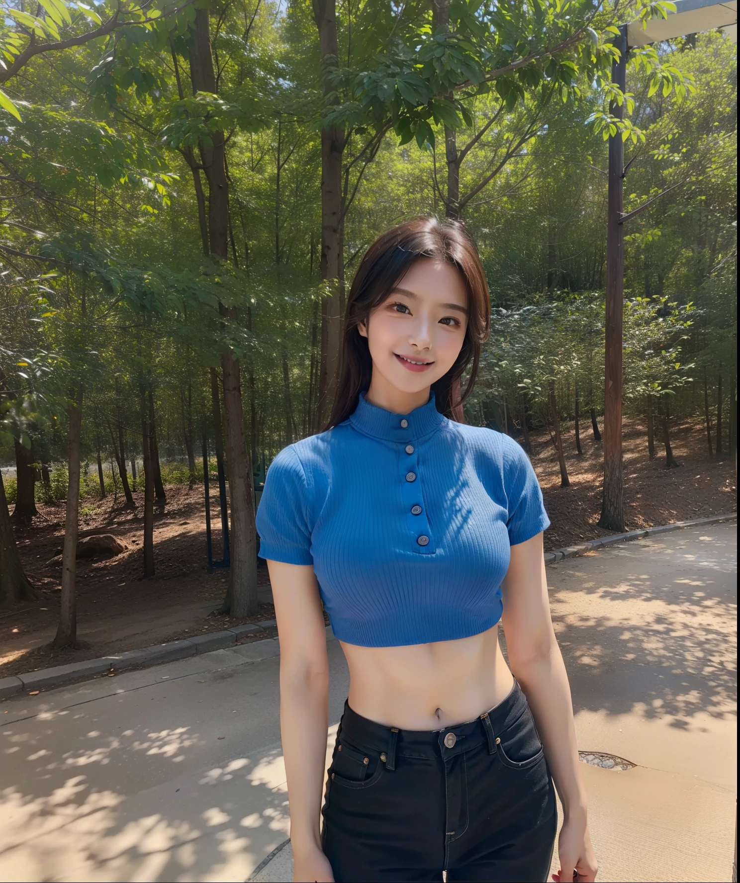 (top-quality、8k、masterpiece:1.3)、Beautiful Women in Perfect Figure:1.4、dark brown hair、extremely detailed face and skin、A detailed eye、二重まぶた、huge tit、a smile、g-cup