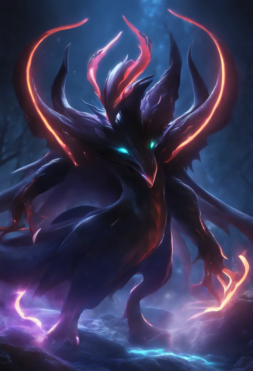 Pokémon:Darkrai, glowing light eyes, Biomechanical, eerie, Creepy, nightmarish, Very bright colors, Light particles, with light glowing, Mshiv, wallpaper art, UHD wallpaper