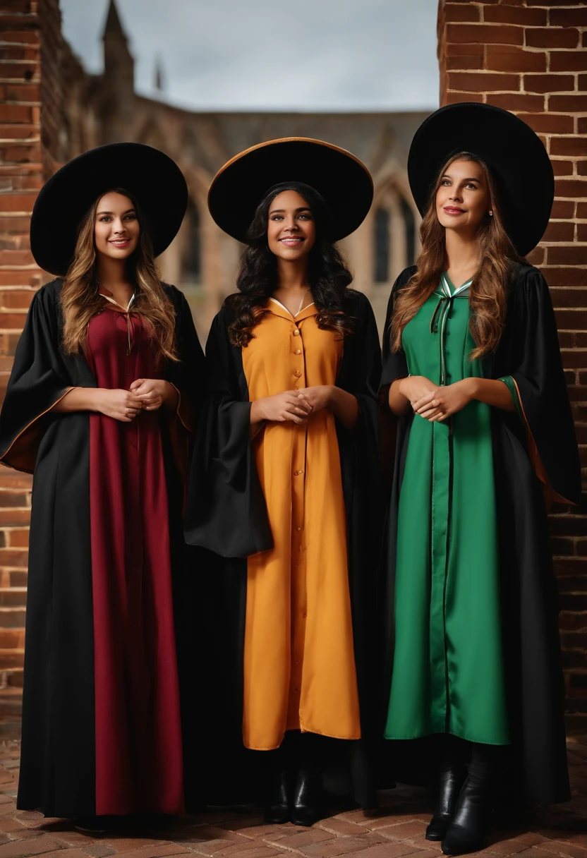 four women of different ethnicities robes and hats in front of a brick wall, vestindo hogwarts, magic uniform university, vestindo vestes de bruxo preto, vestindo vestes de bruxo, ferred - themed robes and hat, magic school uniform, magical school student uniform, vestes de bruxo, Classic witch dress, estilo hogwarts, academic clothing, wearing an academic gown, vestindo vestes de mago