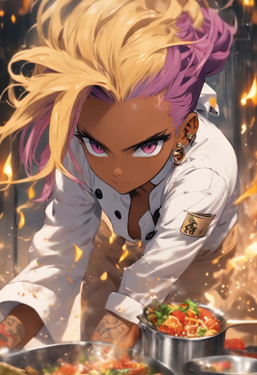 The most beautiful and sexy gourmet chef, purple hair, yellow eyes, dark skin, wearing a stylish chef coat, tattoos and piercings, pristine kitchen, perfect masterpiece, high quality, high resolution