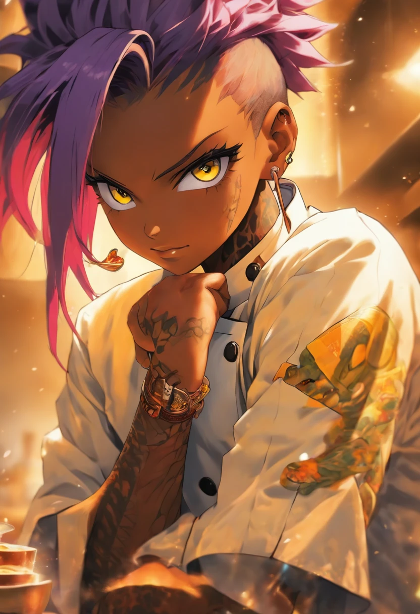 The most beautiful and sexy gourmet chef, purple hair, yellow eyes, dark skin, wearing a stylish chef coat, tattoos and piercings, pristine kitchen, perfect masterpiece, high quality, high resolution