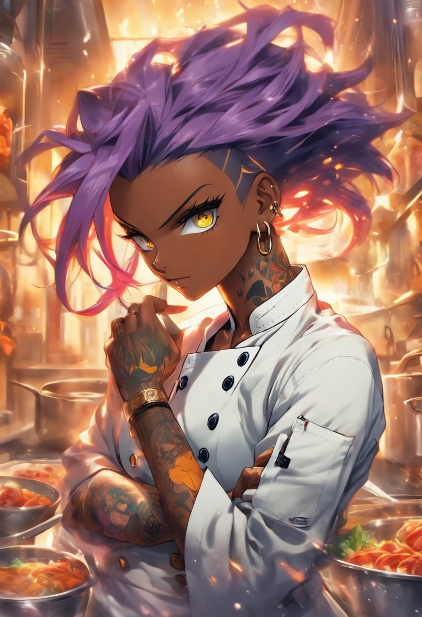 The most beautiful and sexy gourmet chef, purple hair, yellow eyes, dark skin, wearing a stylish chef coat, tattoos and piercings, pristine kitchen, perfect masterpiece, high quality, high resolution
