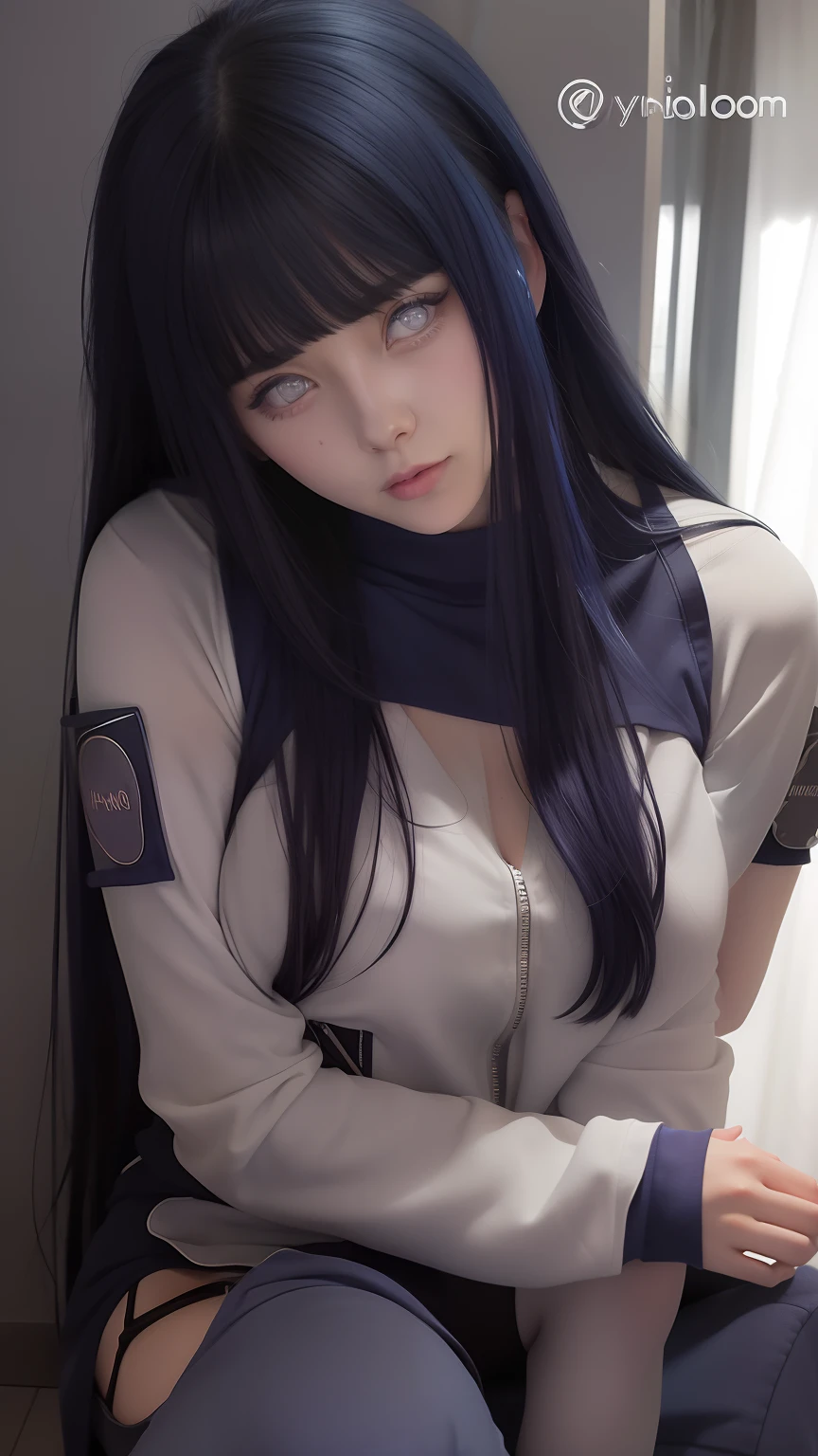 Hinata hyuga A woman was sitting in a room. He seemed to be wearing a silver colored shirt. And dark blue. He has blue hair. A long one. Straight. Unraveling. No strings attached. He had a white as snow. And rosy cheeks. And those little red lips. He seemed to smile slightly. He was looking into the camera. So pretty and realistic