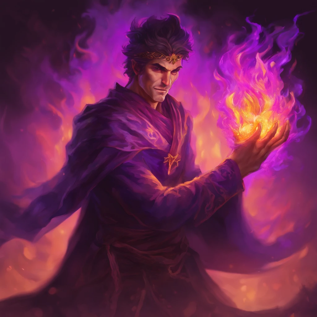 Mago Homem, holding purple flames in his hands, capuz cobrindo a face