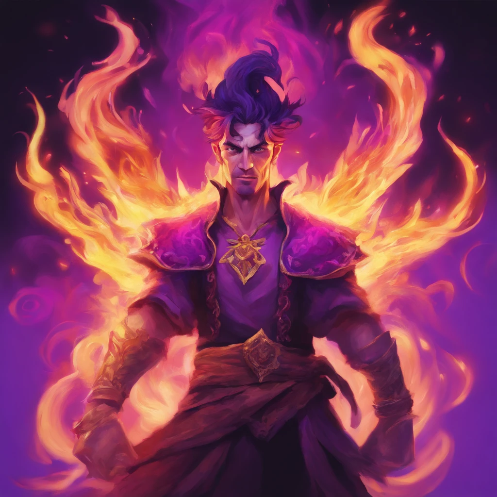 Mago Homem, holding purple flames in his hands, capuz cobrindo a face