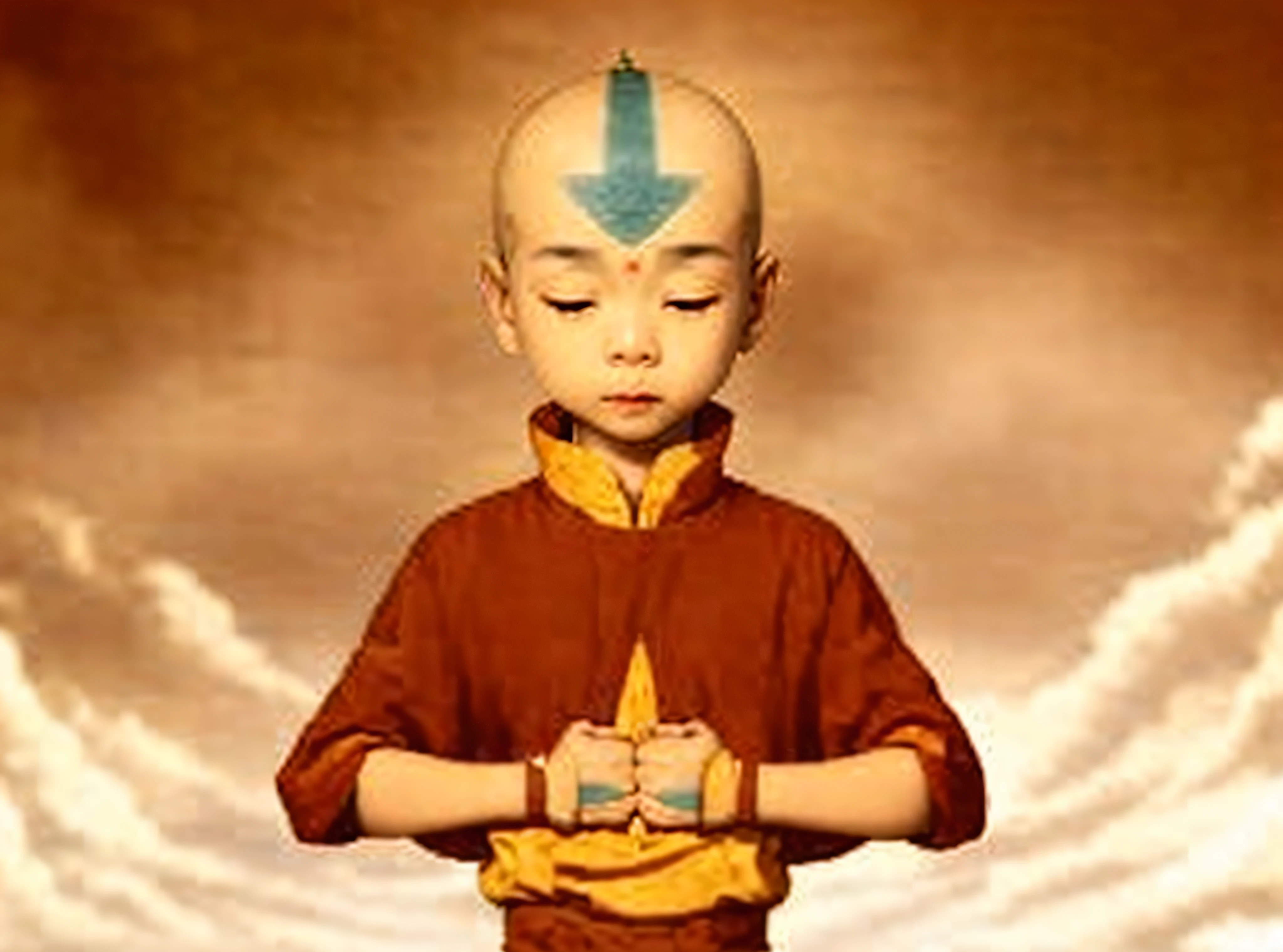 asian boy, b with blue marks on his head, wearing orange clothes like buddha