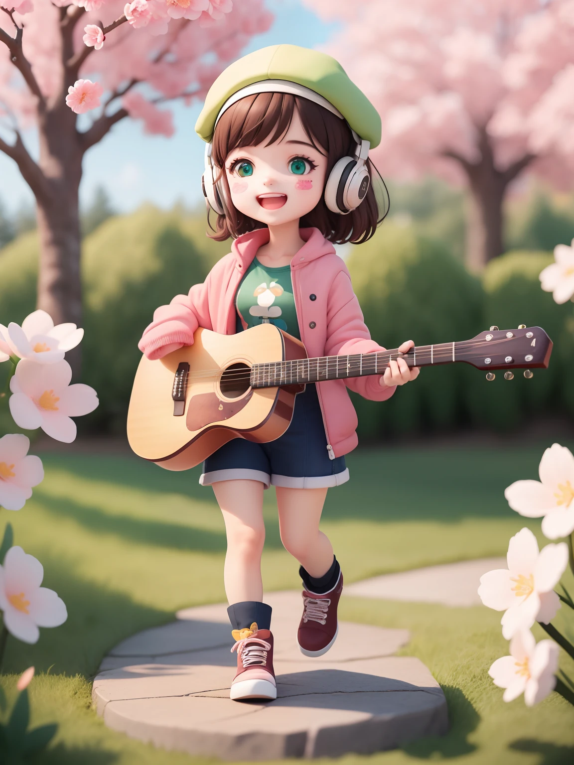 (masterpiece),(best quality),(ultra-detailed), (full body:1.2), solid background 1girl, nami one piece comic, chibi,cute, smile, open mouth, outdoors, playing guitar, music, beret, holding guitar, jacket, blush, tree, :3, shirt, short hair, cherry blossoms, green headwear, blurry, brown hair, blush stickers, long sleeves, bangs, headphones, black hair, pink flower, (beautiful detailed face), (beautiful detailed eyes),