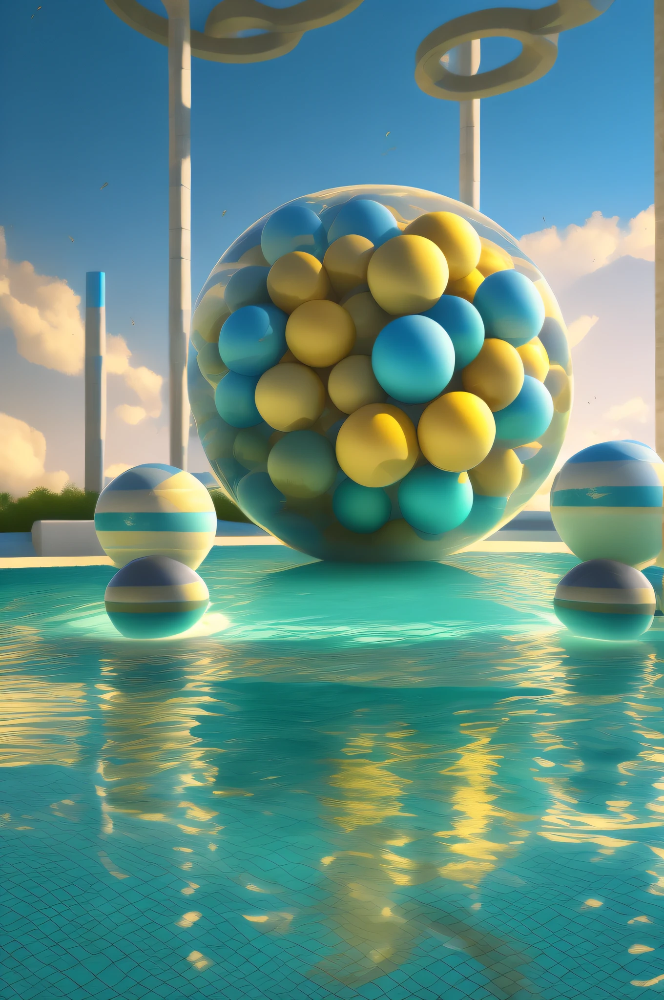 There are 3 colorful balls in the pool on the sky background, Vray Tracing, Ray Tracing Global Illumination, artem demura beeple, Beeple Global Illumination, Vray Tracing, beautiful 3 d concept art, Mike Winckelmann, by Fei Danxu, inspired by Mike Winkelmann, highly realistic concept art