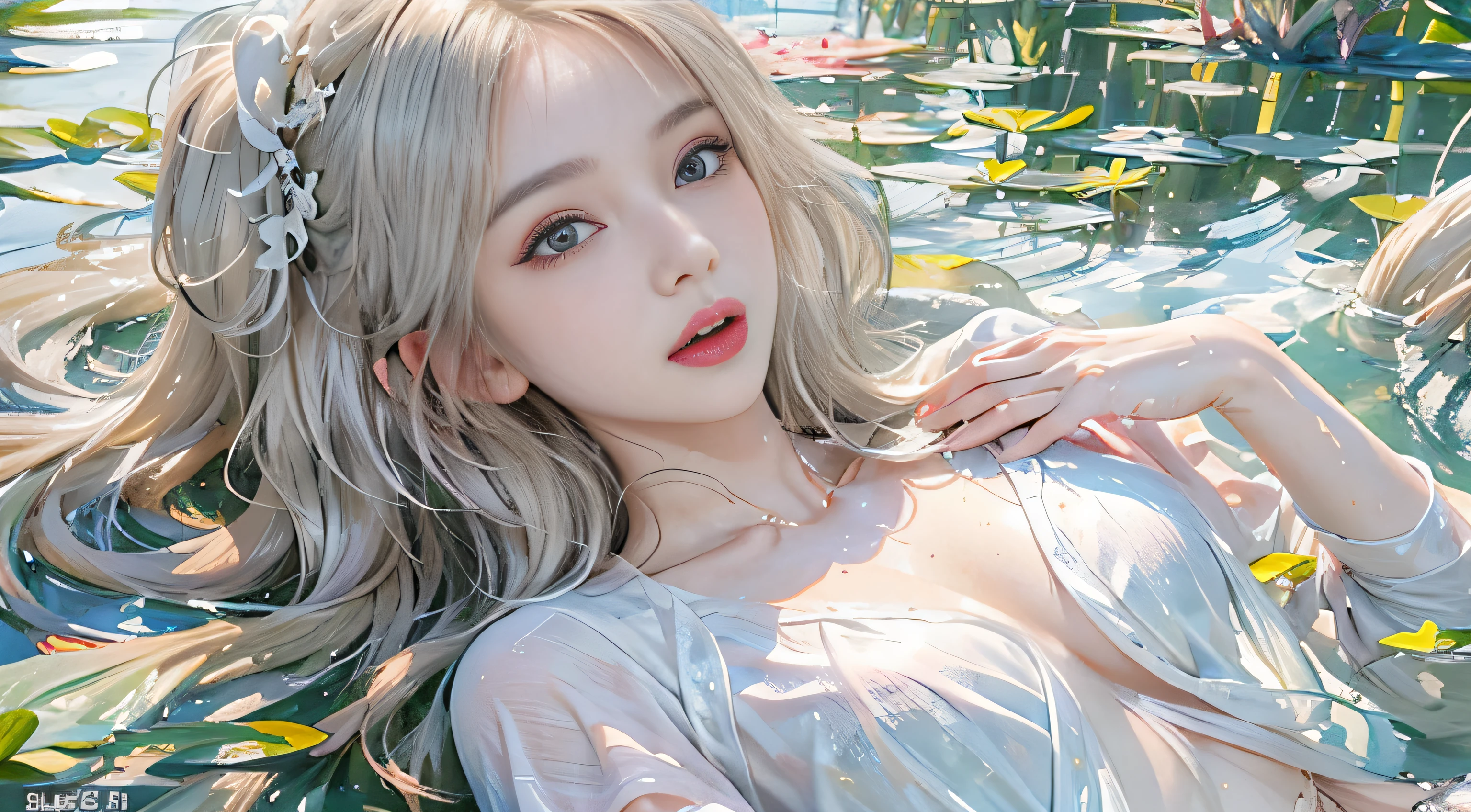 ((Beautiful girl lying in Monet's pond))、portlate、bright expression、Young shiny shiny white shiny skin、Best Looks、ultimate beauty girl、The most beautiful platinum blonde hair in the world、shiny light hair,、Super long silky straight hair、Beautiful bangs that shine、Glowing crystal clear attractive blue eyes、Bust of medium size、（（hide the nipple with both hands,））Z、Beautiful blue eyes that shine、white  hair、silber hair、((Beautiful breasts :1.1)), ((, No bra)), (Exposed breasts）0p、mix４, (Best Illustration: 1.1), (Best Shadow: 1.1), tongue、Vaginal orchids、Runny Vaginal Discharge、Blowing tide、Very beautiful breasts、Grasp your breasts with both hands、 Spread your legs、sexual excitement、Sex Expressions、shinny skin。realisitic、Photorealsitic:1.37)、）（closing eye）、(Kpop Idol)、lying on one's side、dishevled hair、Medium Hair、(Pink blush)、(illuminating)、[[Open legs、Spread your legs apart]]、(独奏)、dynamicposes、((erectile nipple))、(Puffy eyes:1.２)、 (Slim legs)、erotick、nffsw、Highly detailed ambient occlusion、超A high resolution, A hyper-realistic, Highly detailed, (yawning), (((exhibitionism))), ((she is soaking wet)).Photo