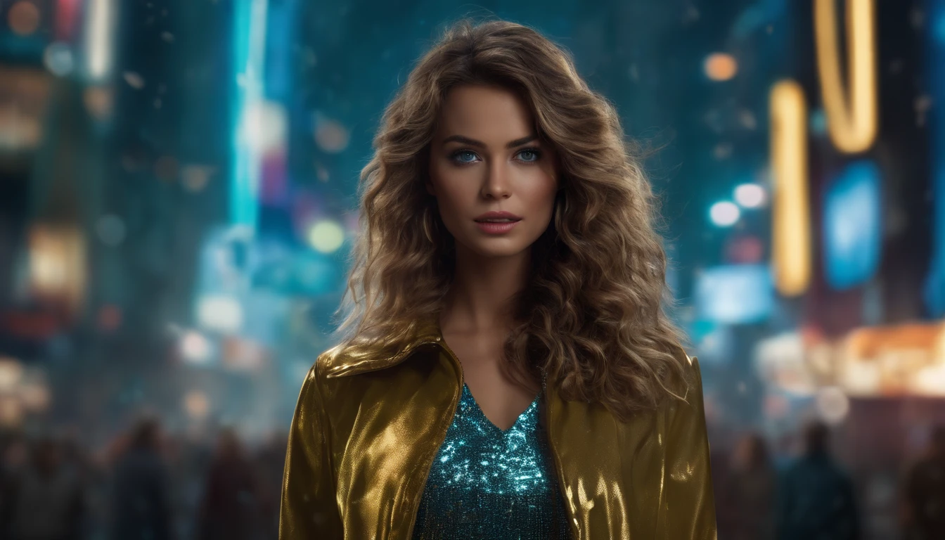 In a futuristic metropolis, Her clothes were torn to shreds, Standing against the backdrop of towering holographic billboards, In a sea of bustling crowds, digital art, High-resolution rendering, beautiful, model, beautiful model, gun, Detailed clothes, detailed face, A detailed eye, Detailed eyes, wavy hair, messy hair, 8K UHD, full body shot, symmetrical face, detailed pupil, expressive eyes, real photography, modern look, Real photography (Realisitc:1.5)