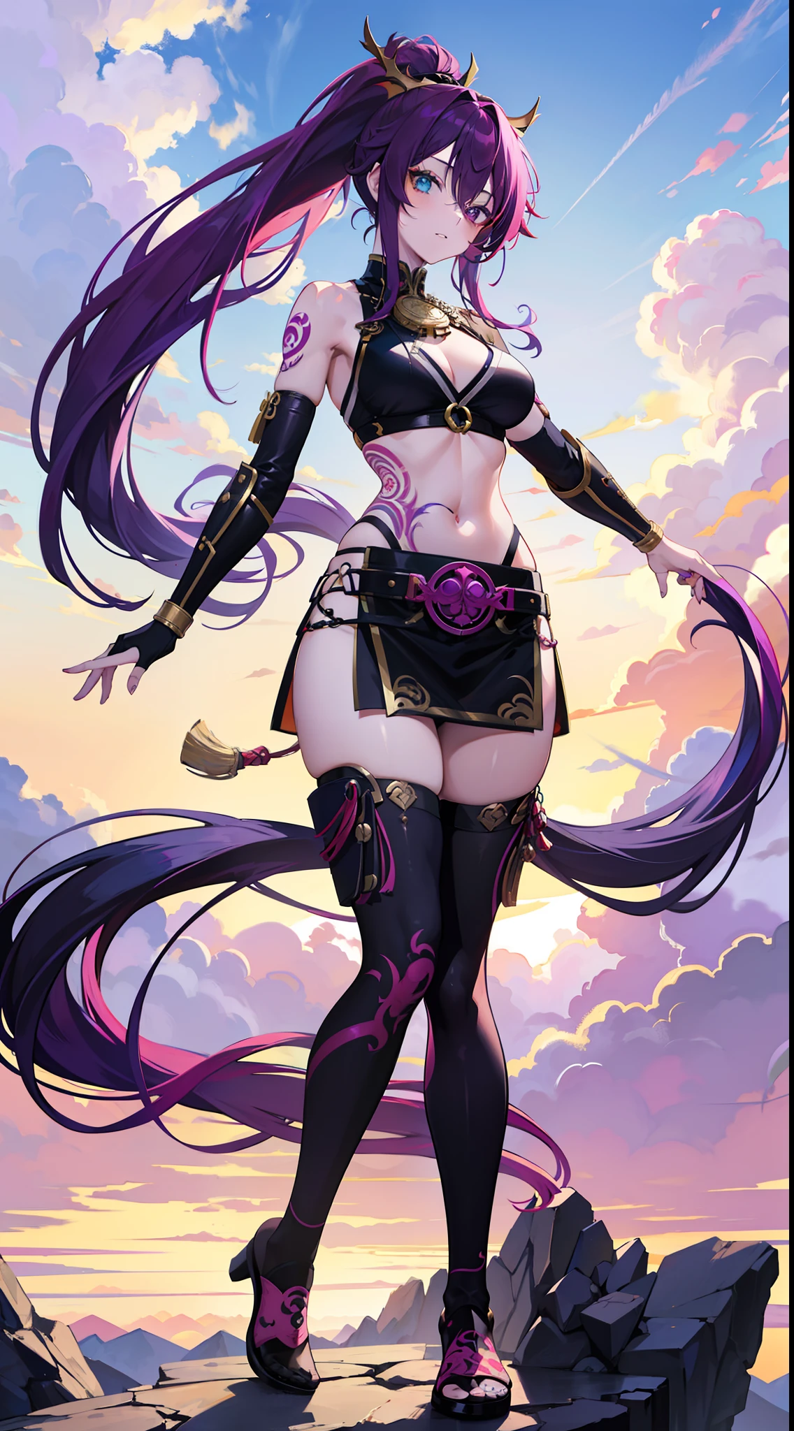 adult girl, long purple hair, Part of the hair is gathered in a high ponytail, Heterochromia, The left eye is purple, Red right eye, big breastes, The Monkey King's Armor, open torso, lots of tattoos, clouds beneath your feet, Masterpiece, hiquality, 4k, HD, Good detail