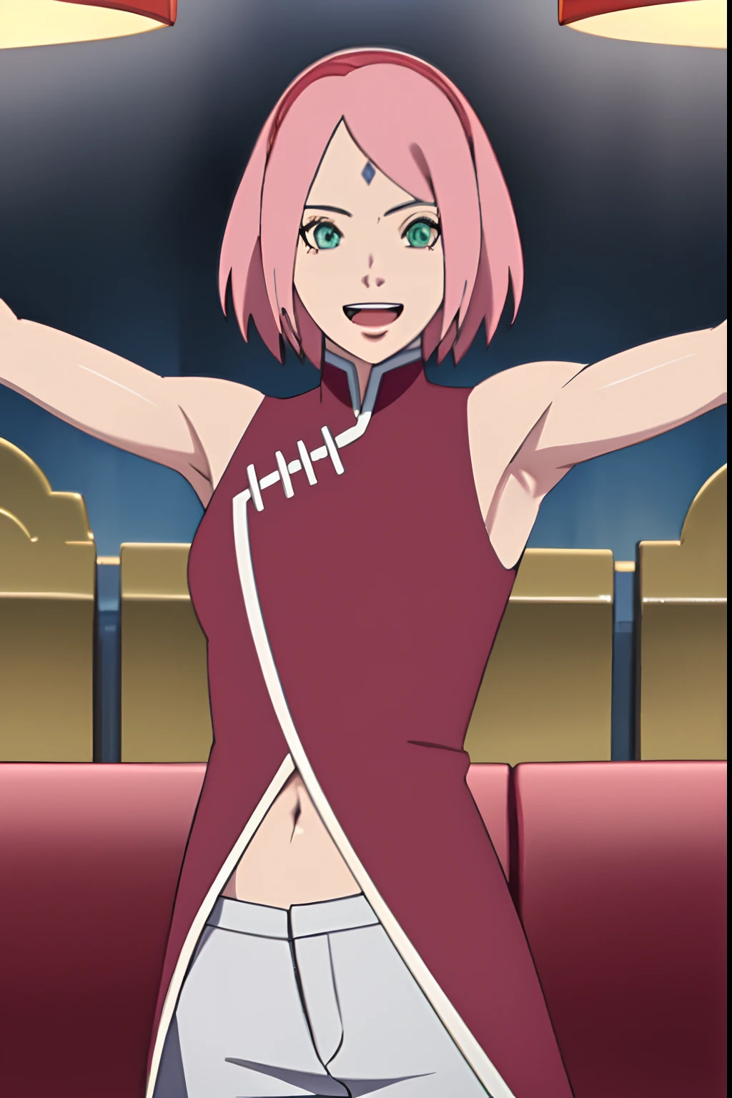 masterpiece, 4k, portrait, cowboy shot, (night), professional artwork, intricate details, colorful, digital blending, (ultra detailed body, ultra detail hair, ultra detail face), trending on pixiv, kind smile, best quality, anime style: 1.9, 1girl, hires, haruno sakura, (forehead mark, milf, red hairband, pale skin, (small breasts), short hair, ((red sleeveless dress,), white pants), ((navel, belly button), slender body, slender belly, bracelet, pink hair, open mouth, big eyes), smile, beach, wind, floating hair, detailed arms, off-shoulders, broad shoulders, ((both armpits , (both) hands spreading to both sides, (symmetrical arms))), fancy couch, relaxing, laying, talking, looking at the viewer, ((showing both armpits, awesome armpits)))