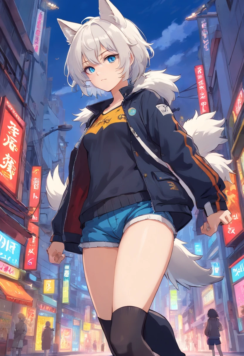 Single boy, Anime Femboy, Short, Long white hair, wolf ears, wolf tail, blue eyes, wearing short shorts, thigh high socks, black combat boots, open jacket, flat chest, super flat chest, wearing lingerie top, solo femboy, only one femboy ((FLAT CHEST))
