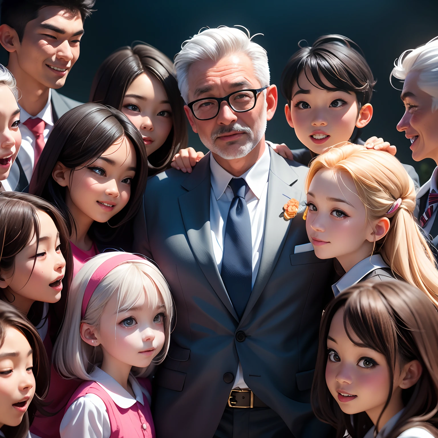 Asian male teacher, Surrounded by six elementary school students, The teacher's face is full of the vicissitudes of time，Full of silver hair，Celebrate the festival in a cheerful atmosphere，Ultra photo realsisim，8K，