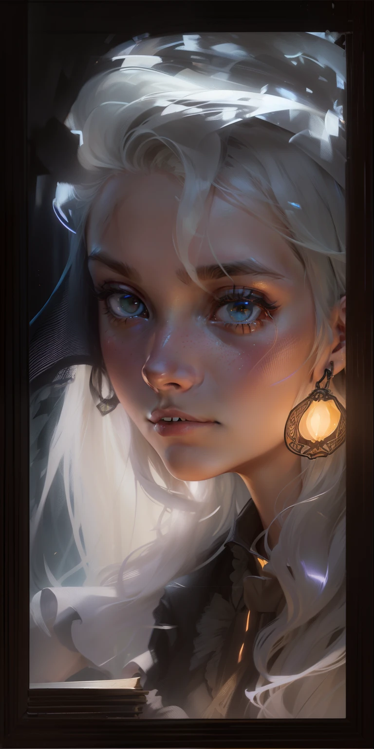 (front focus), (in the dark:1.6), Hyperrealist portrait of female by david hockney and alphonse mucha, fantasy art, photo realistic, dynamic lighting, artstation, poster, volumetric lighting, very detailed faces, 4 k, award winning, 1girl, in the dark, deep shadow, low key, cowboy shot, (official clothing:1.4), long hair, white hair