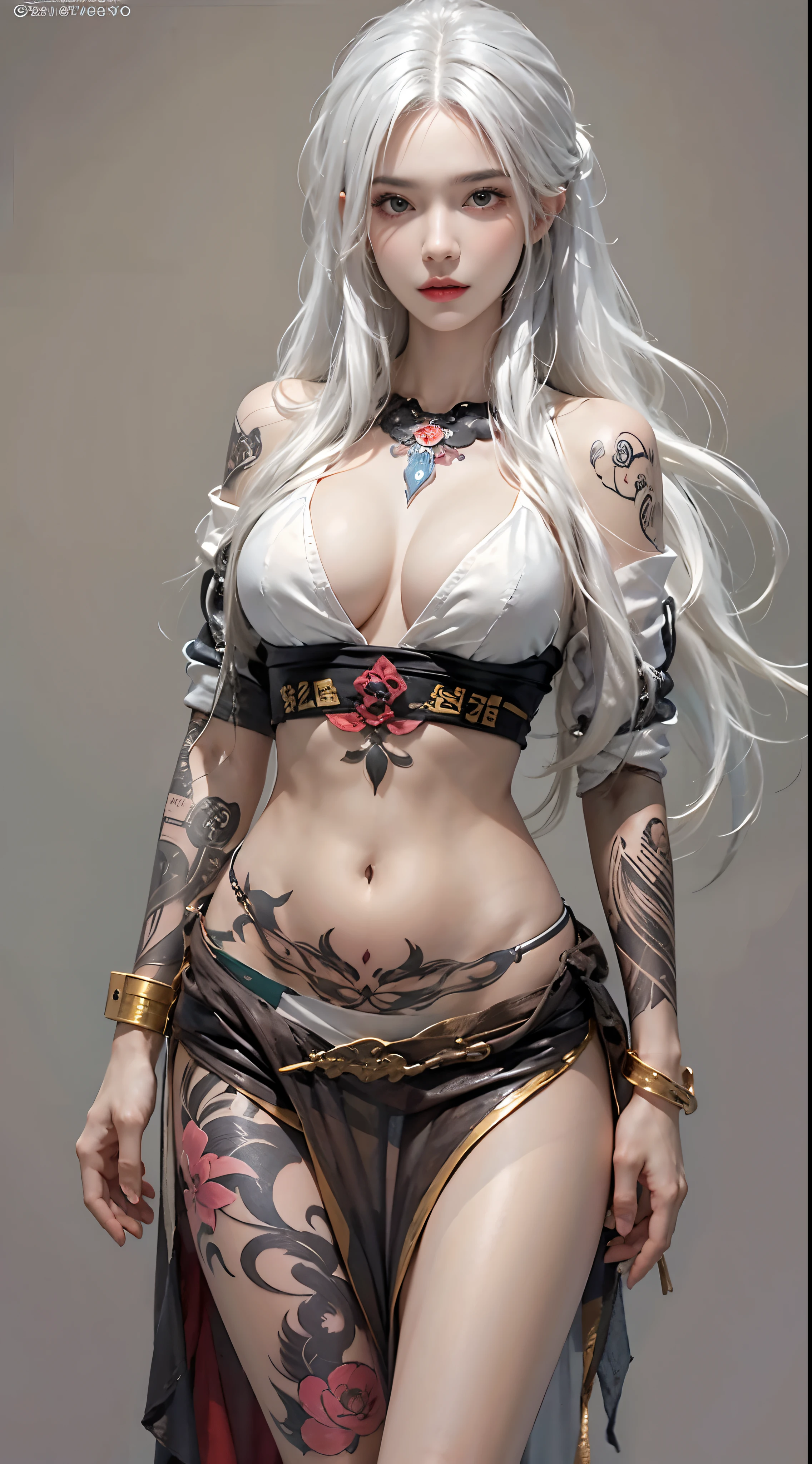 photorealistic, high resolution, 1women, solo, full body, look at viewer, (detailed face), white hair, long hair, medium breasts, tattoo, taoist